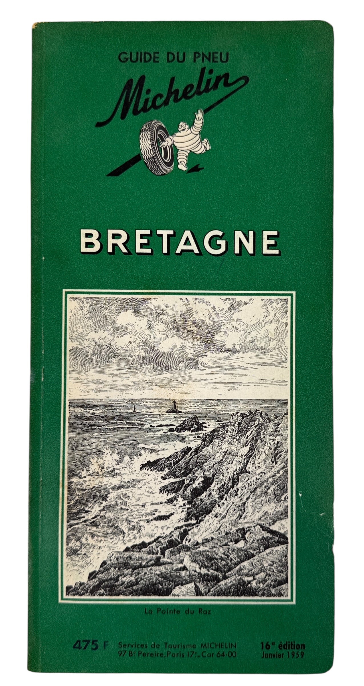 Vintage 1959 Michelin Bretagne Guide Vert, 16th edition with classic Bibendum cover and engravings. Collectible French motoring guide in good condition.