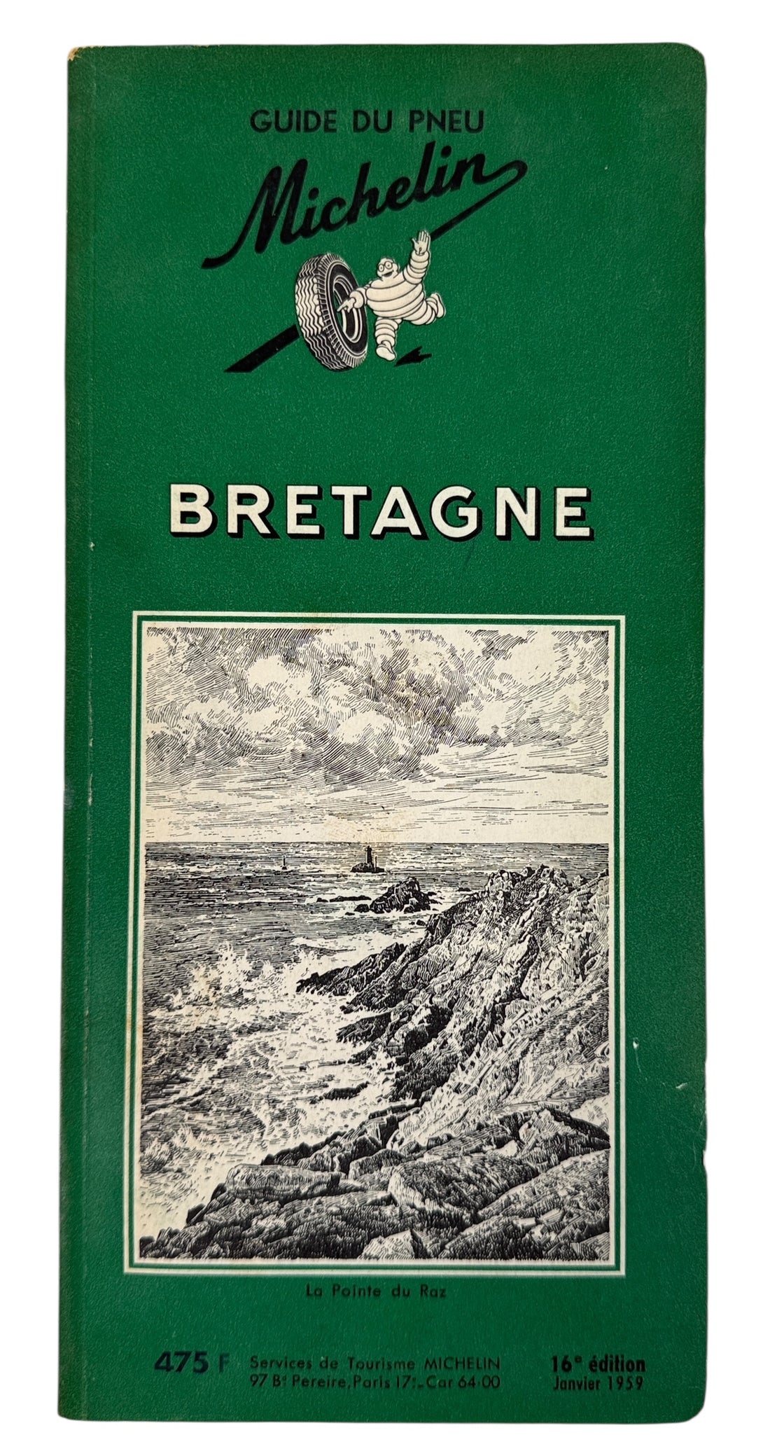Vintage 1959 Michelin Bretagne Guide Vert, 16th edition with classic Bibendum cover and engravings. Collectible French motoring guide in good condition.