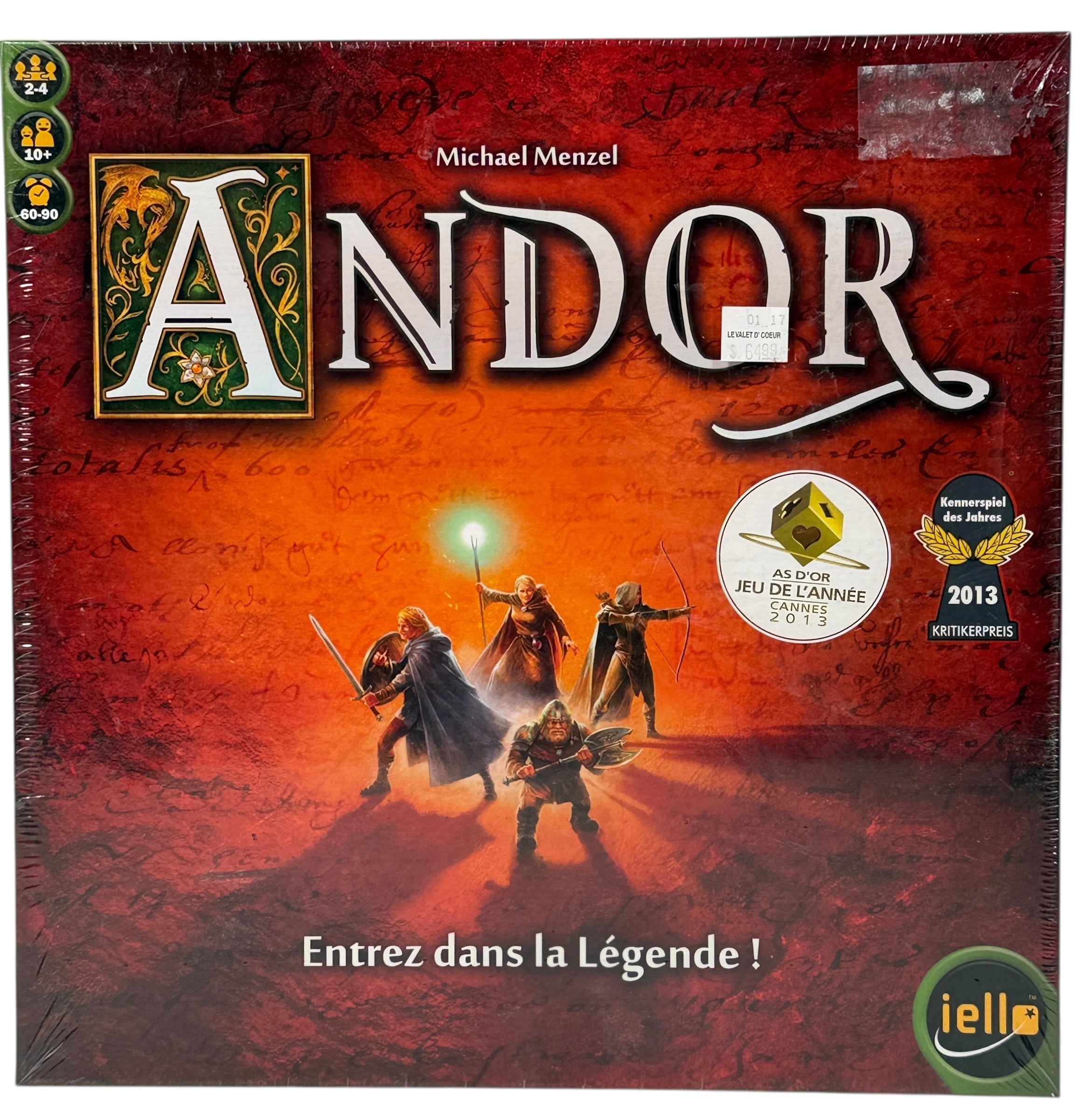 Award-winning cooperative board game Andor, sealed French edition by IELLO/Kosmos. Fantasy adventure, 2–4 players, ages 10+, giftable sealed copy.