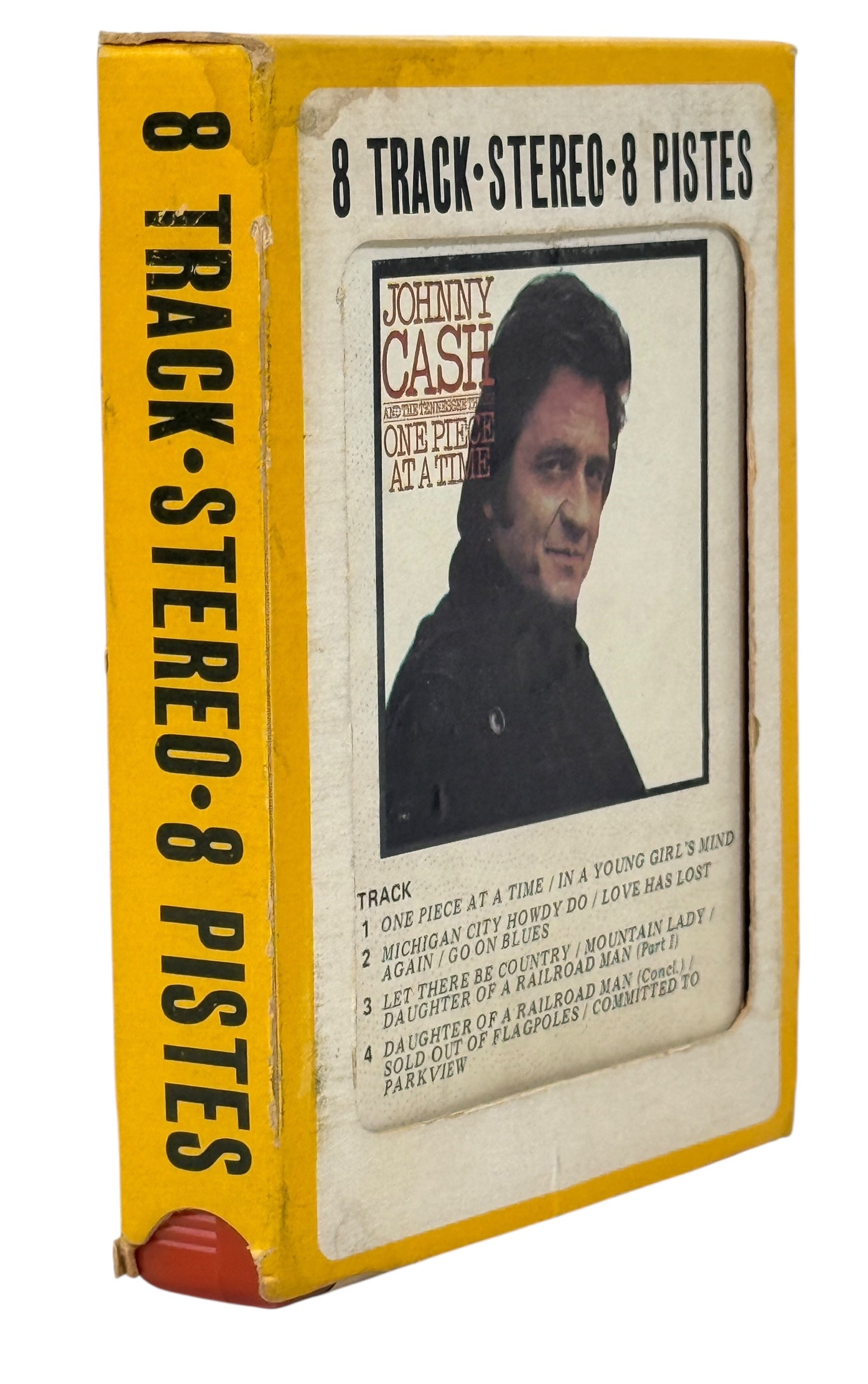 1976 Johnny Cash One Piece at a Time Columbia TC8 8-track tape. Red shell, clean label, collectible outlaw country format. Vintage audio for fans and collectors.