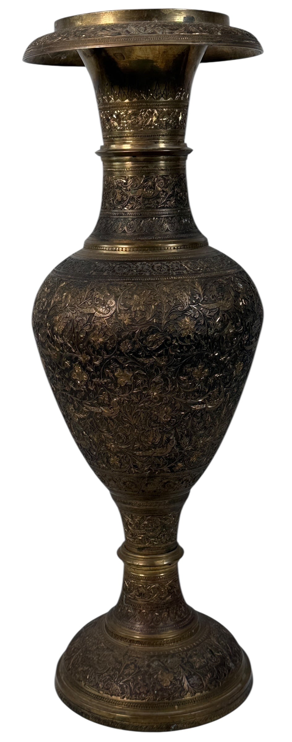 Vintage Indian brass vase with hand-chased bird and floral motifs, 16.5" tall. Mid-century décor with patina. Ships worldwide from Montreal.