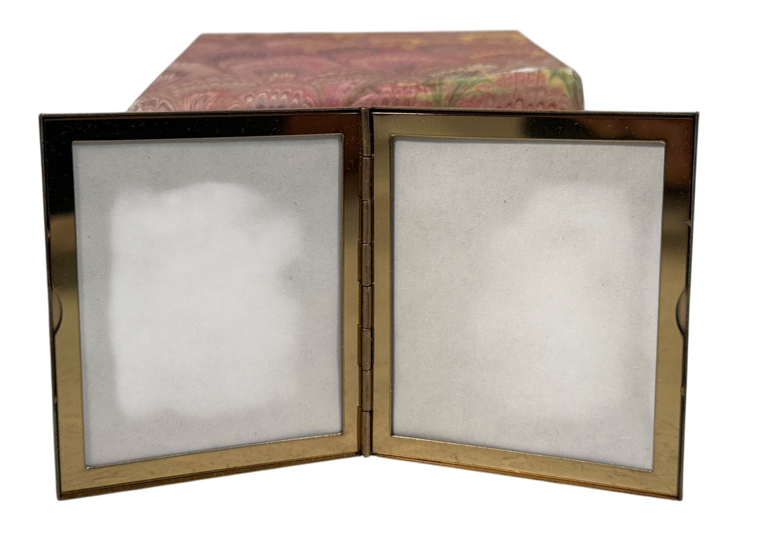 Vintage Whiting &amp; Davis gold-tone mesh double picture frame with original box. Mid-century display piece for vanity or desk. Collectible and giftable.