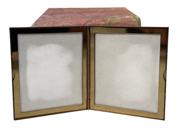Vintage Whiting &amp; Davis gold-tone mesh double picture frame with original box. Mid-century display piece for vanity or desk. Collectible and giftable.