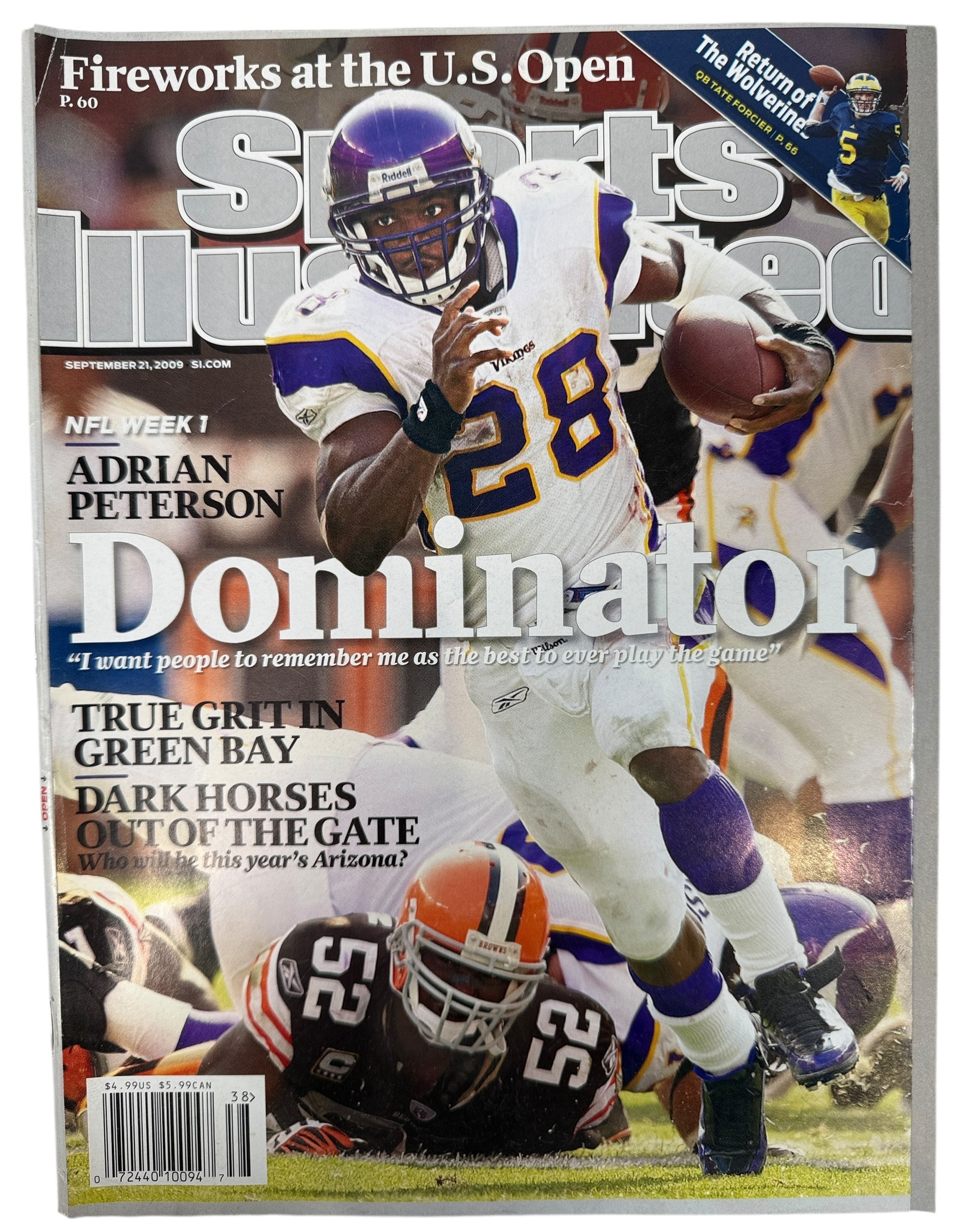 Sports Illustrated Sept 2009 with Adrian Peterson cover. Clean label-free VG copy. Great NFL collectible for Vikings fans and sports magazine collectors.