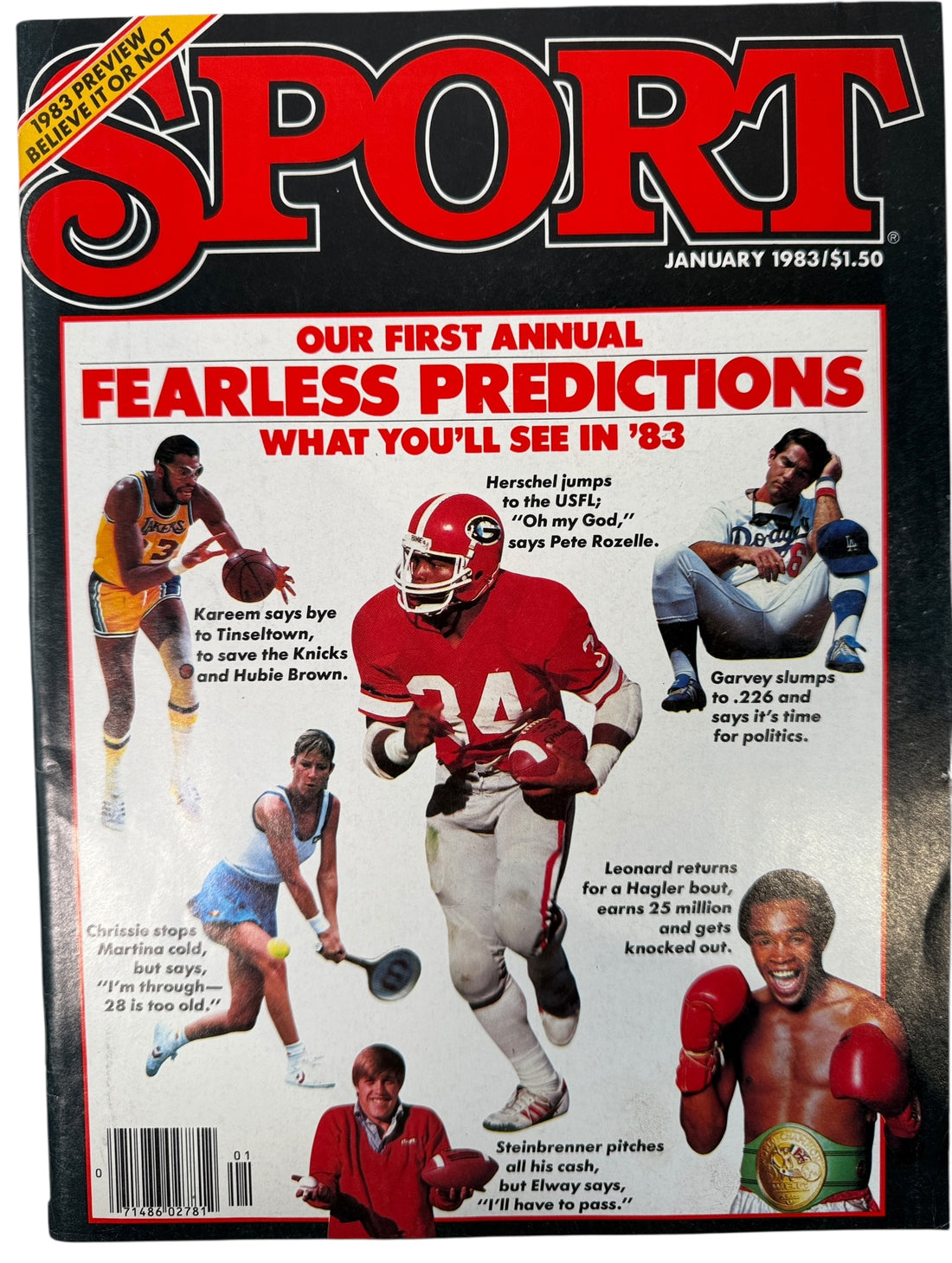 1983 Sport magazine featuring Herschel Walker, Kareem Abdul-Jabbar, Steve Garvey, Chrissie Evert and Sugar Ray Leonard. USFL and boxing era collectible.