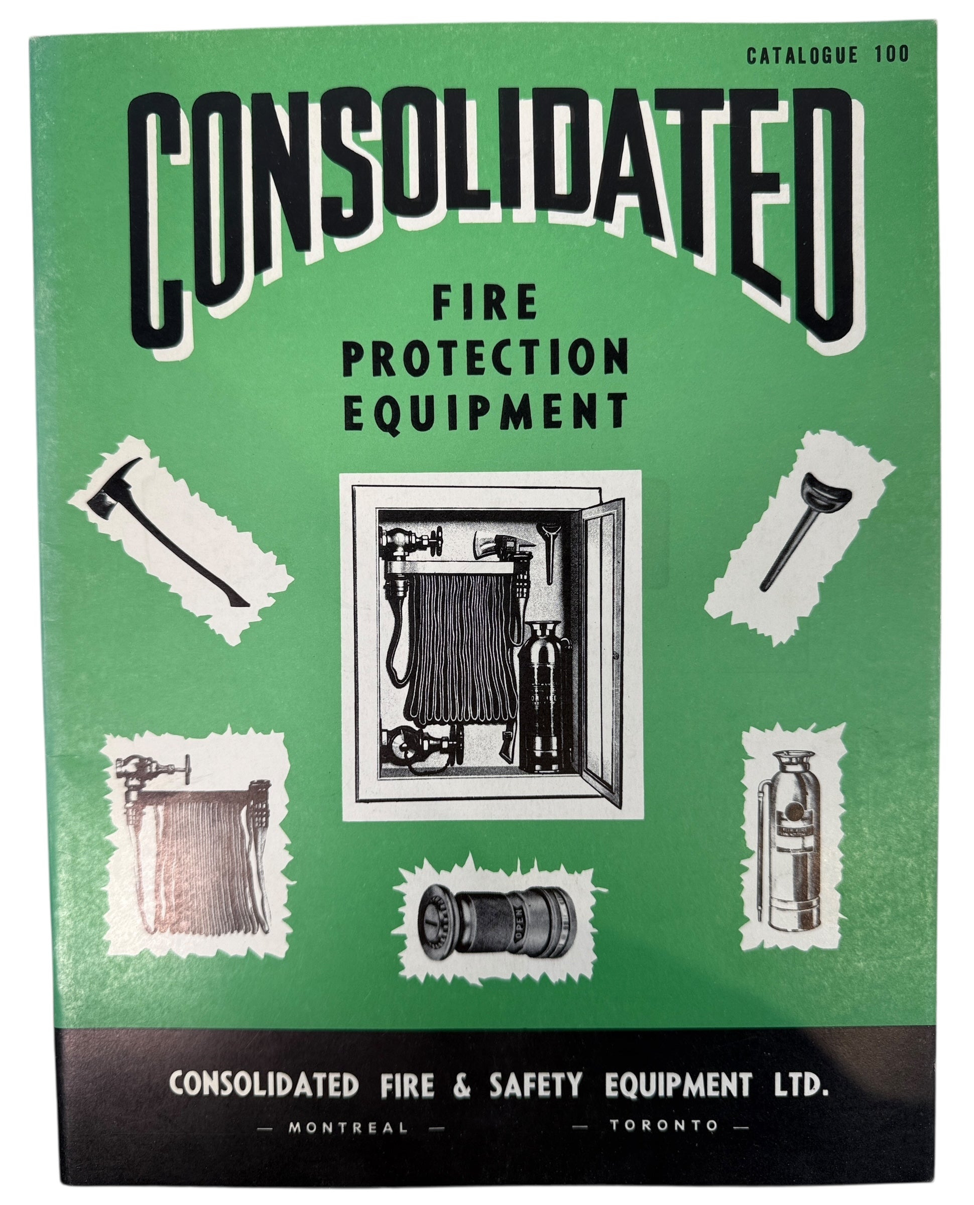 Mid-century Consolidated fire protection catalogue with hose cabinets, CO2 systems and extinguishers. Industrial Canadian ephemera for collectors and design.