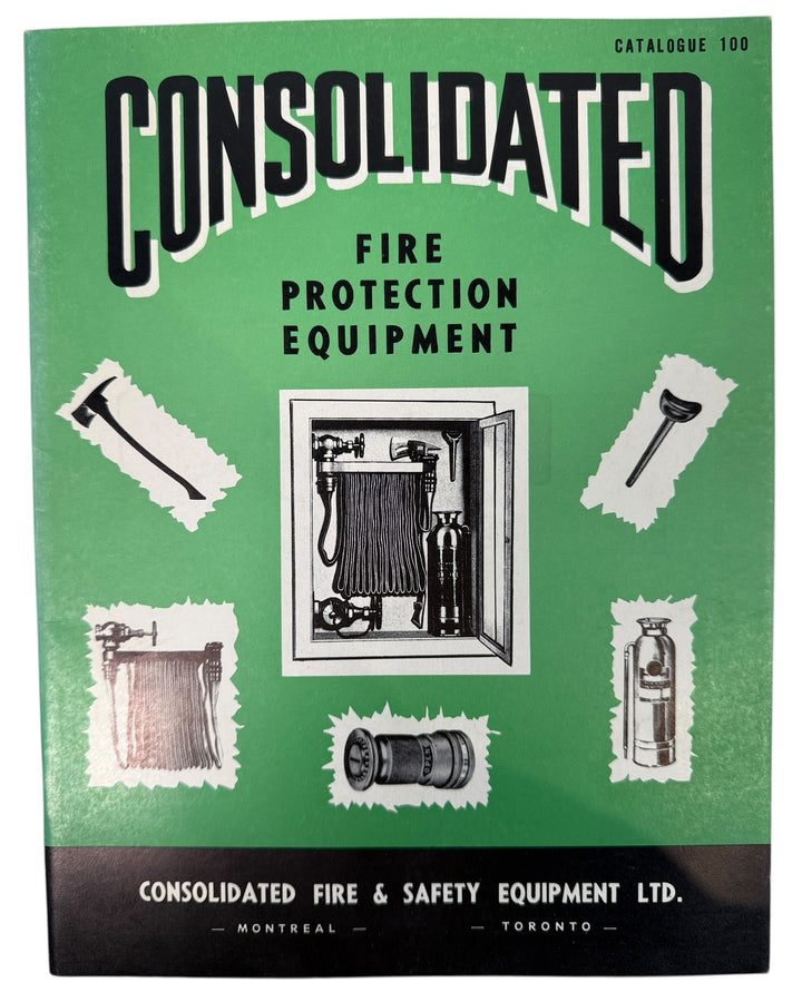 Mid-century Consolidated fire protection catalogue with hose cabinets, CO2 systems and extinguishers. Industrial Canadian ephemera for collectors and design.