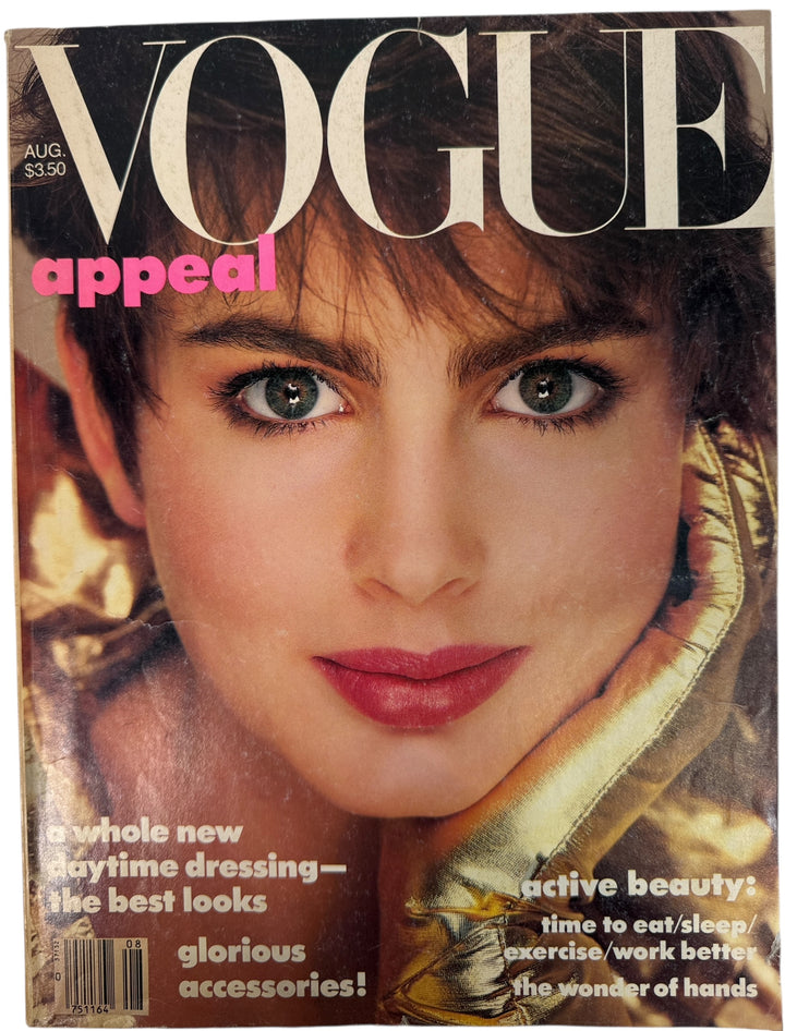 Vintage Vogue August 1985 featuring Alexa Singer with Avedon and Elgort photography, Joanna Pacula editorial, iconic 80s fashion, beauty, and Calvin Klein ads