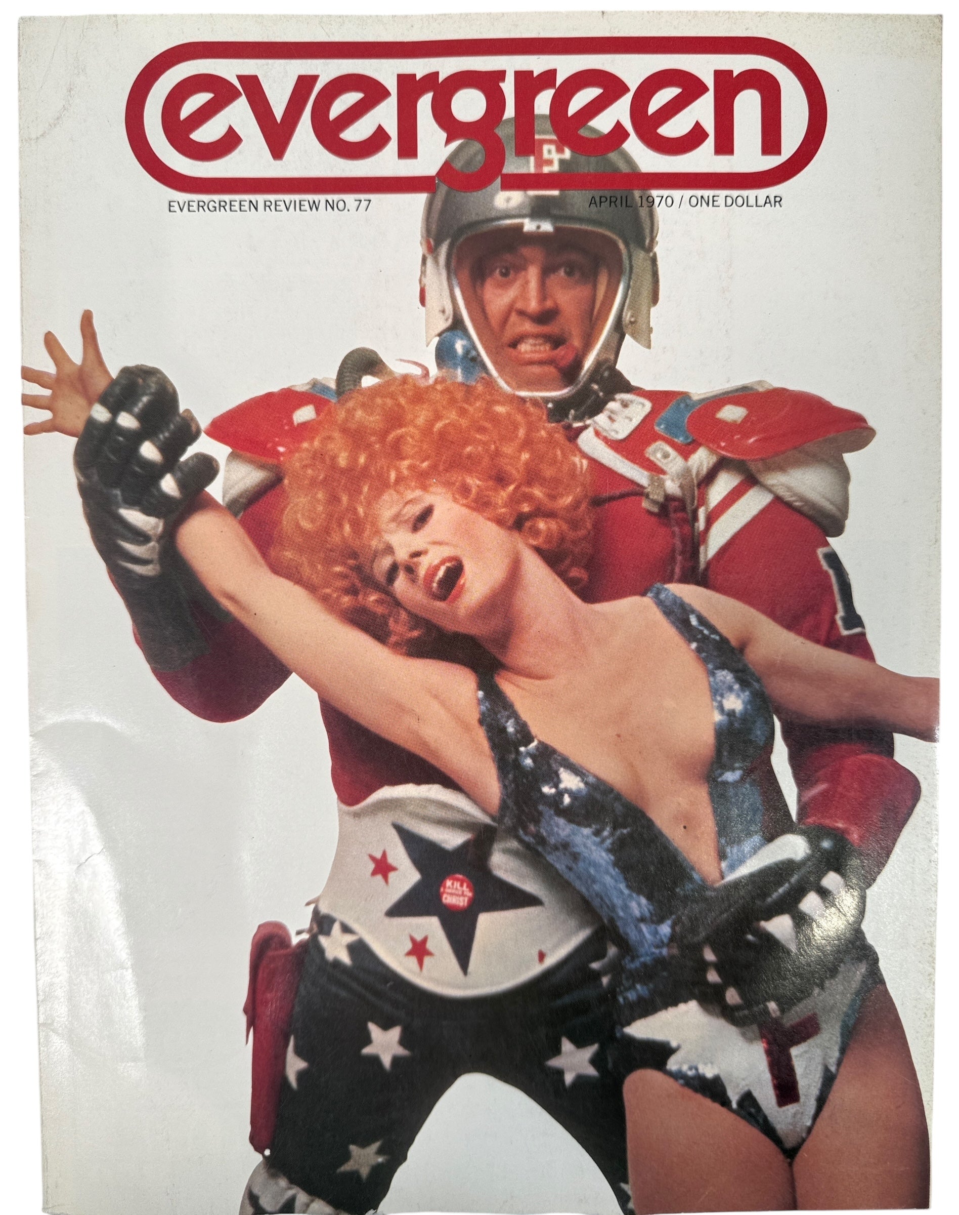 Evergreen Review April 1970 featuring Mister Freedom cover. Radical literature and counterculture film issue in VG condition. Collectible 1970 Evergreen magazine.