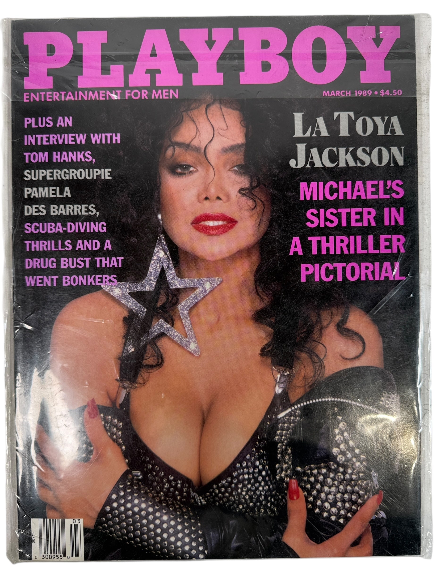 Near Mint March 1989 Playboy featuring La Toya Jackson cover, Tom Hanks interview, and Pamela Des Barres feature. Clean collector-grade complete issue.