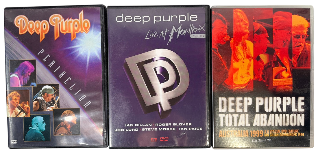 Deep Purple concert DVD lot with Perihelion, Montreux, and Total Abandon Australia. Clean discs, inserts included. Ideal for fans and collectors.