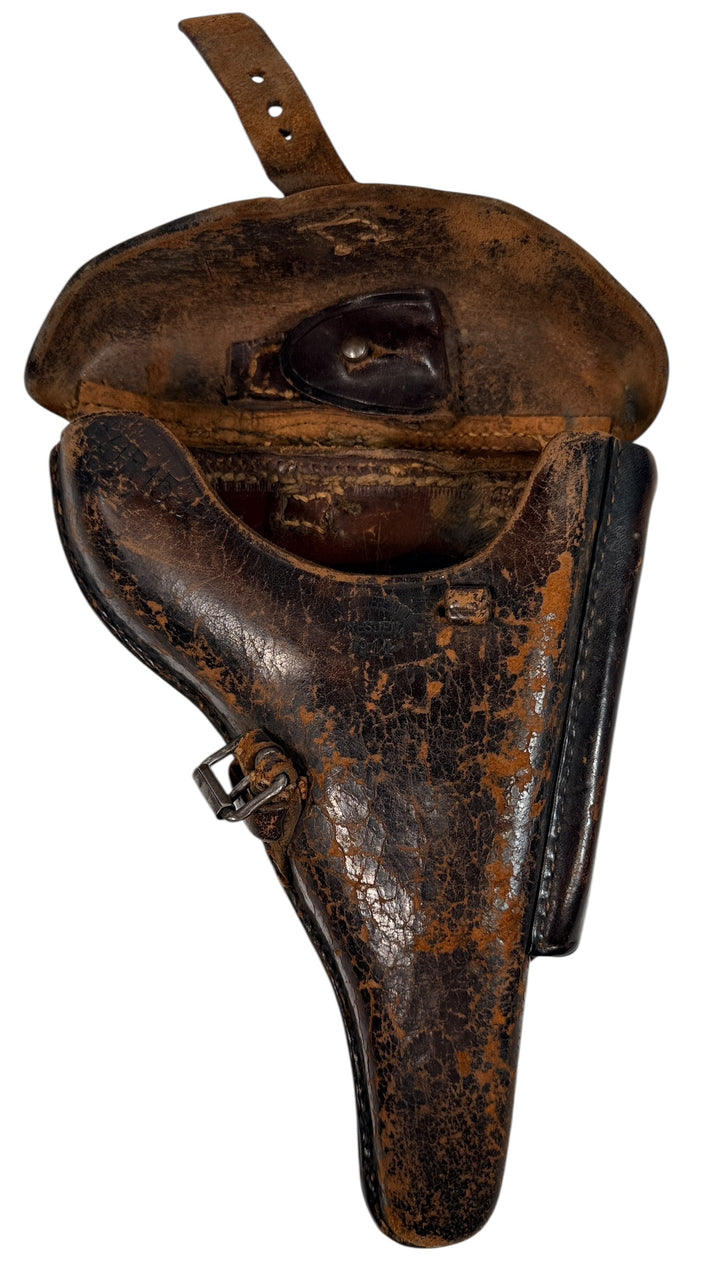 WWII German P08 Luger leather holster with Waffenamt mark, original wartime military issue, worn but intact, collectible display piece.