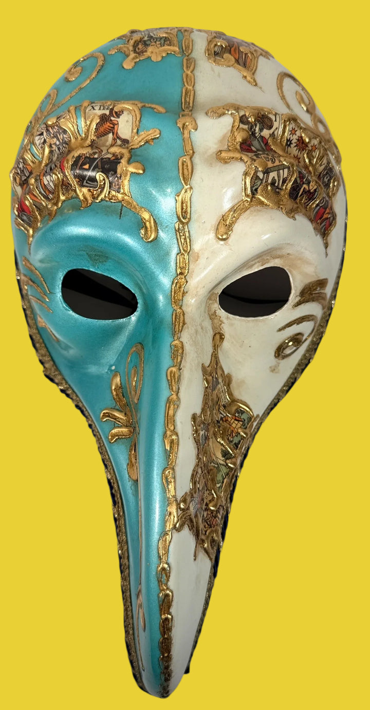 Venetian plague doctor mask with tarot collage and gilt scroll trim. Hand-finished papier-mâché carnival decor mask from Venice. Great collector décor gift.