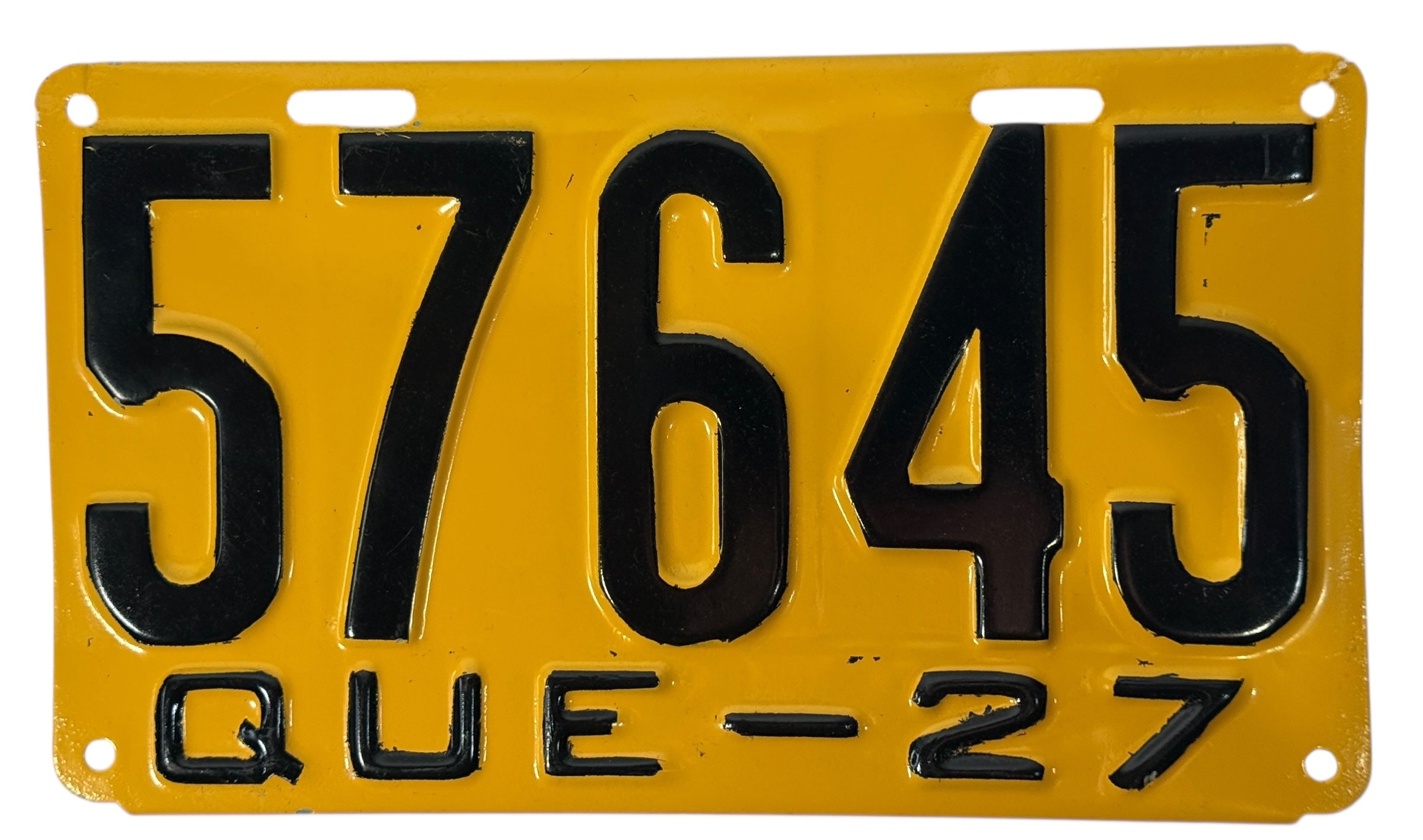 1927 Quebec License Plate – Yellow Black Restored Steel
