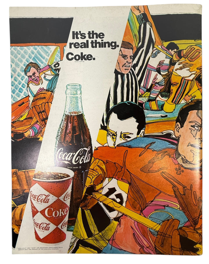Coca-Cola advertisement with a bottle and colorful illustration of a sports scene.