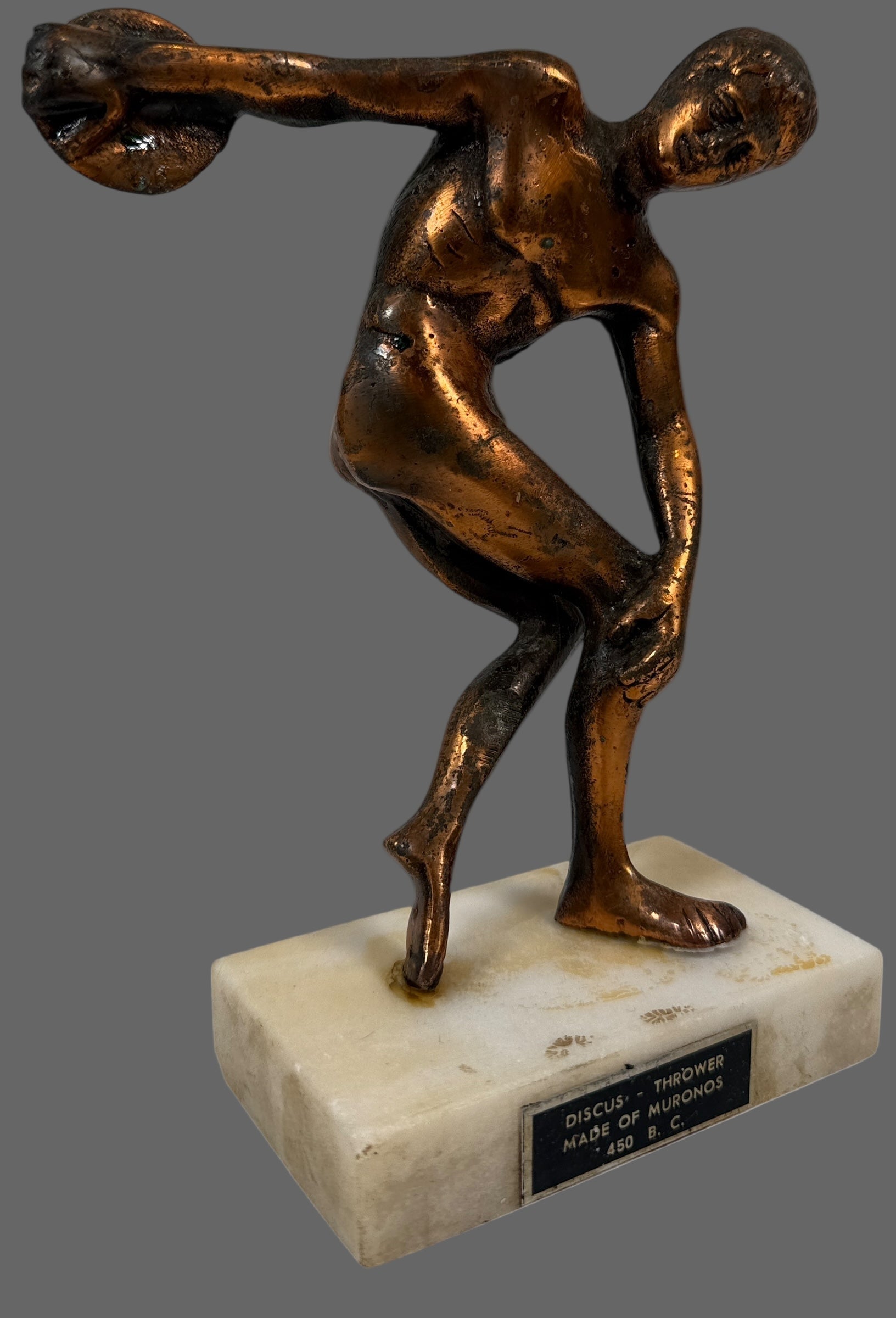 Statue de lanceur de disque grec vintage – Finition bronze sur marbre – (années 1950-1970)