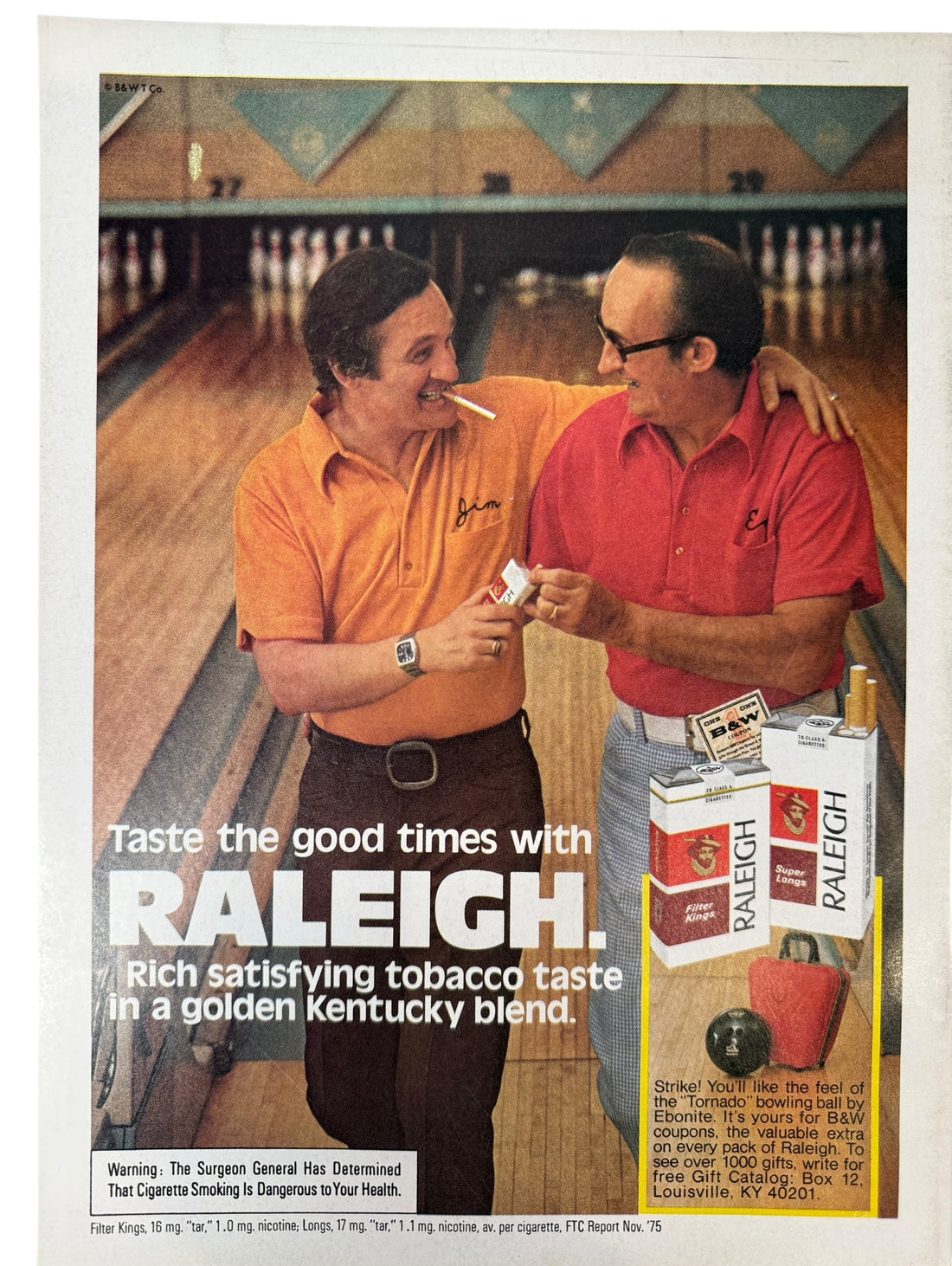 Vintage advertisement for Raleigh cigarettes featuring two men at a bowling alley.