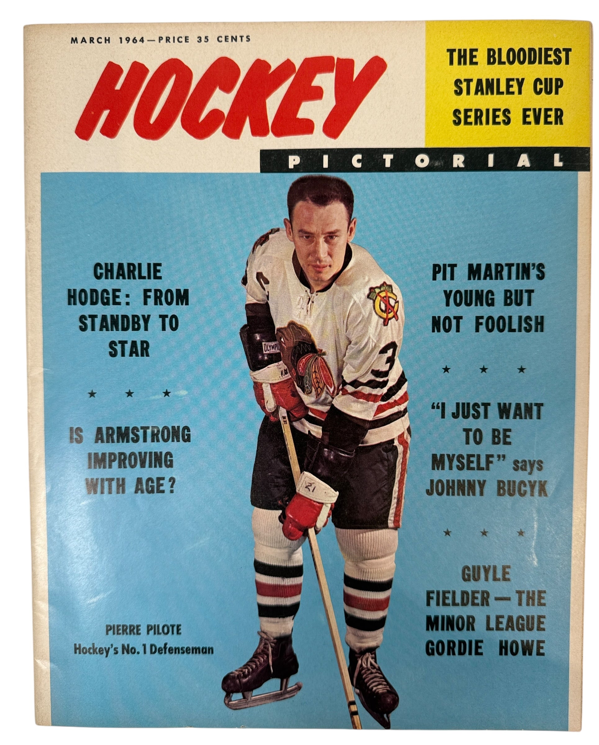 Vintage hockey magazine cover with a player on the cover and text about famous players.