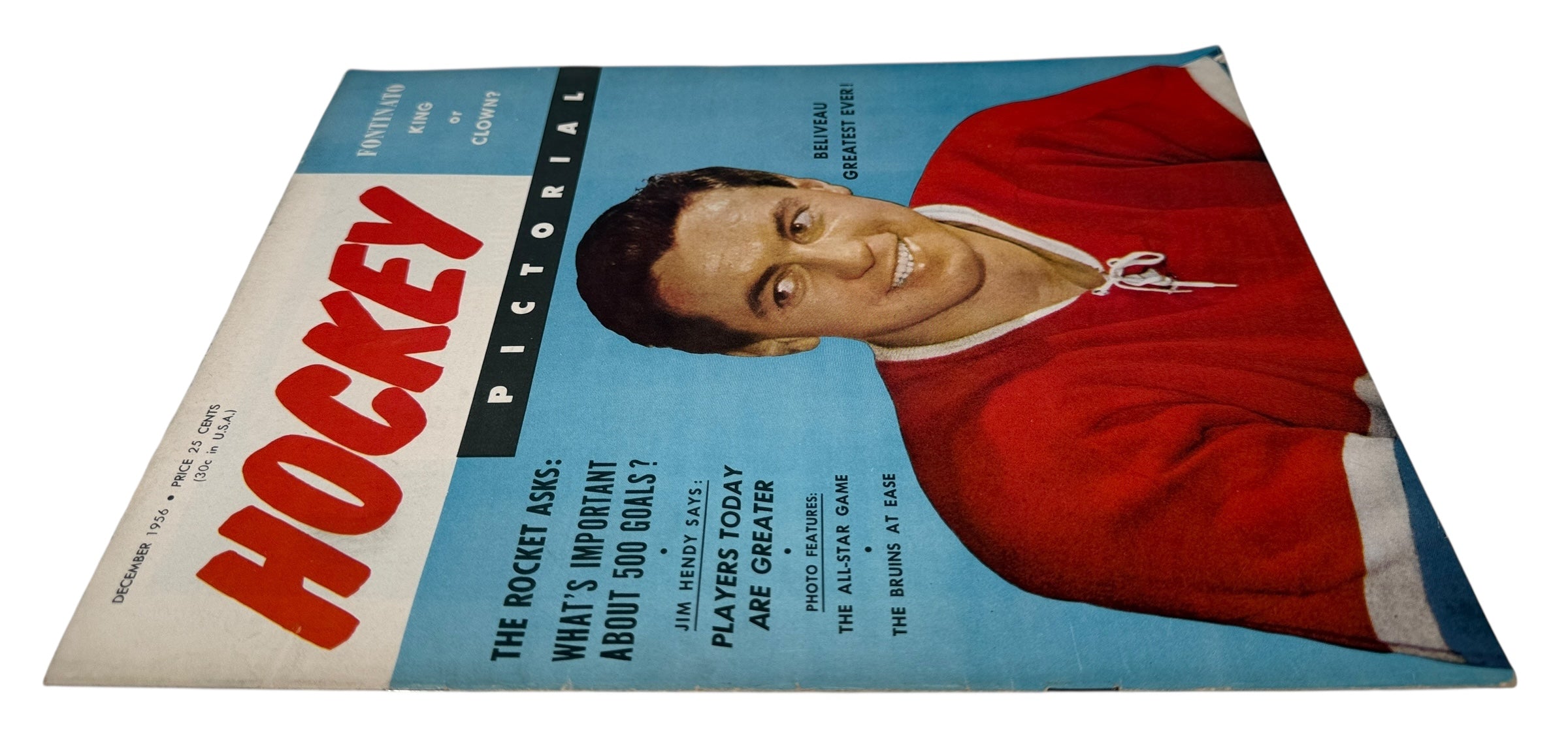 Vintage hockey poster with a player in a red jersey on a blue background