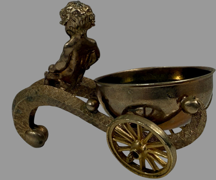 Antique Figural Cherub Pulling Cart Salt Cellar – Decorative Metal Table Accent
