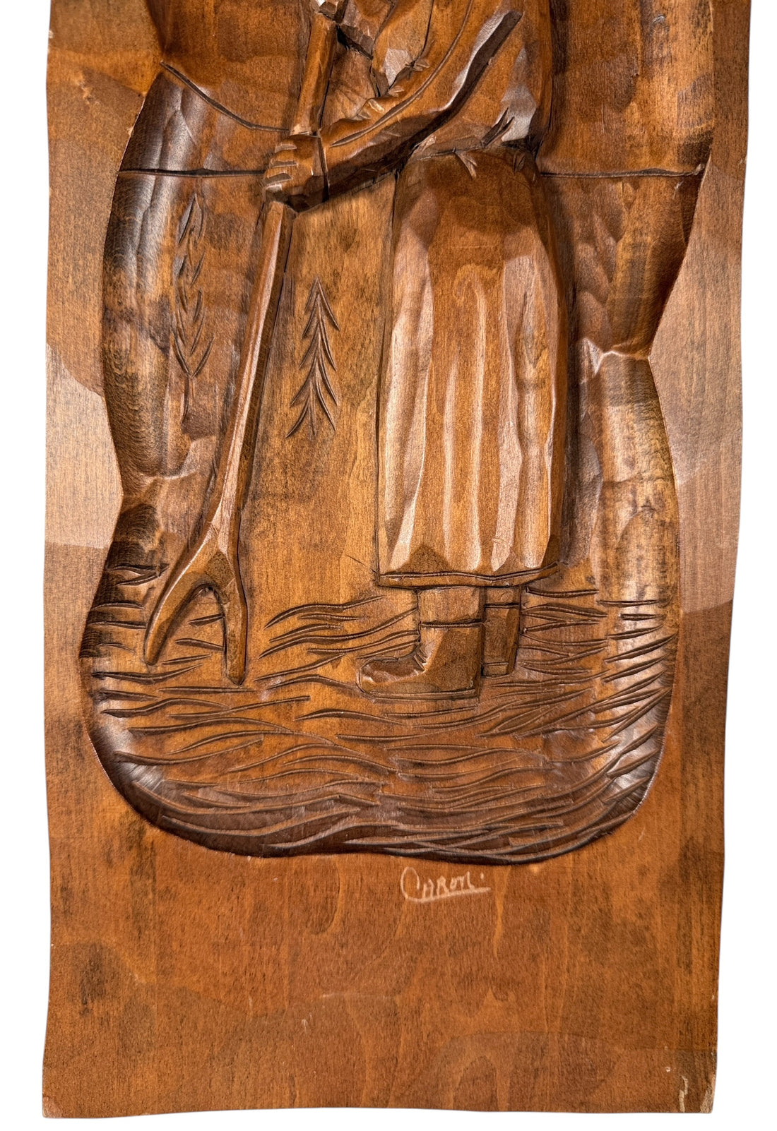 Vintage Quebec Wood Carving – Canoe Woman – Signed Caron – St-Jean-Port-Joli Folk Art