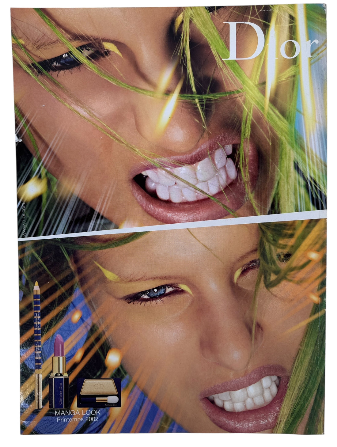 Dior advertisement with a close-up of a woman's face and lip products.