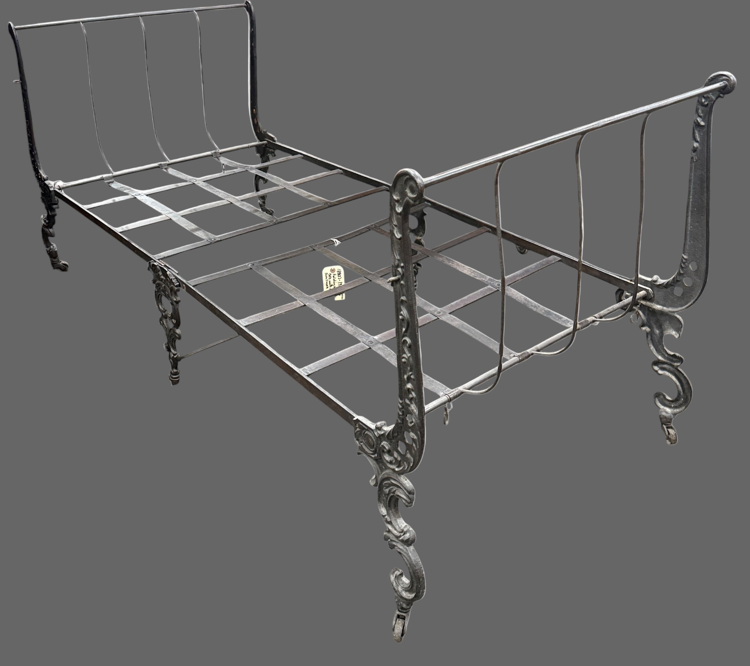 Victorian Folding Wrought Iron Bed – Harp Scrollwork (c.1900)