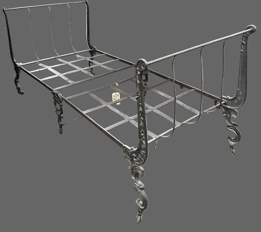 Victorian Folding Wrought Iron Bed – Harp Scrollwork (c.1900)