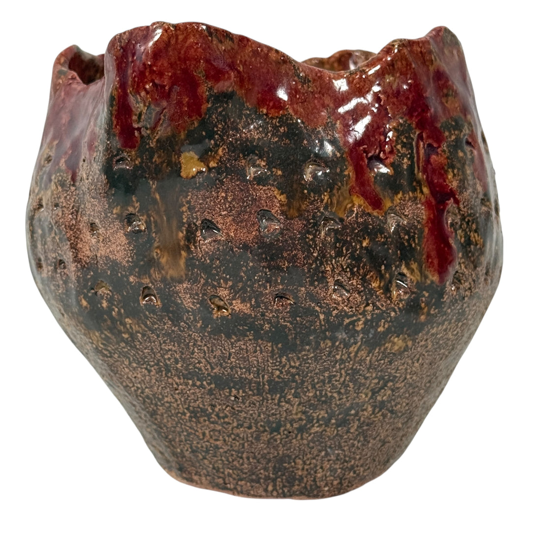 Vintage Canadian Studio Pottery Vase – Signed Claire, Textured Brown with Red Drip Glaze