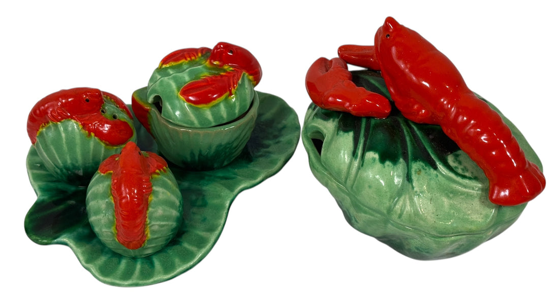 Vintage Hand-Painted Lobster Ceramic Dish – Green Shell Base & Red Lobster Relief (Japan, c.1950s)