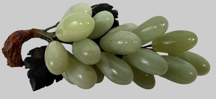 Mid-Century Hand-Carved Stone Grapes – Jade/Onyx with Black Marble Leaves