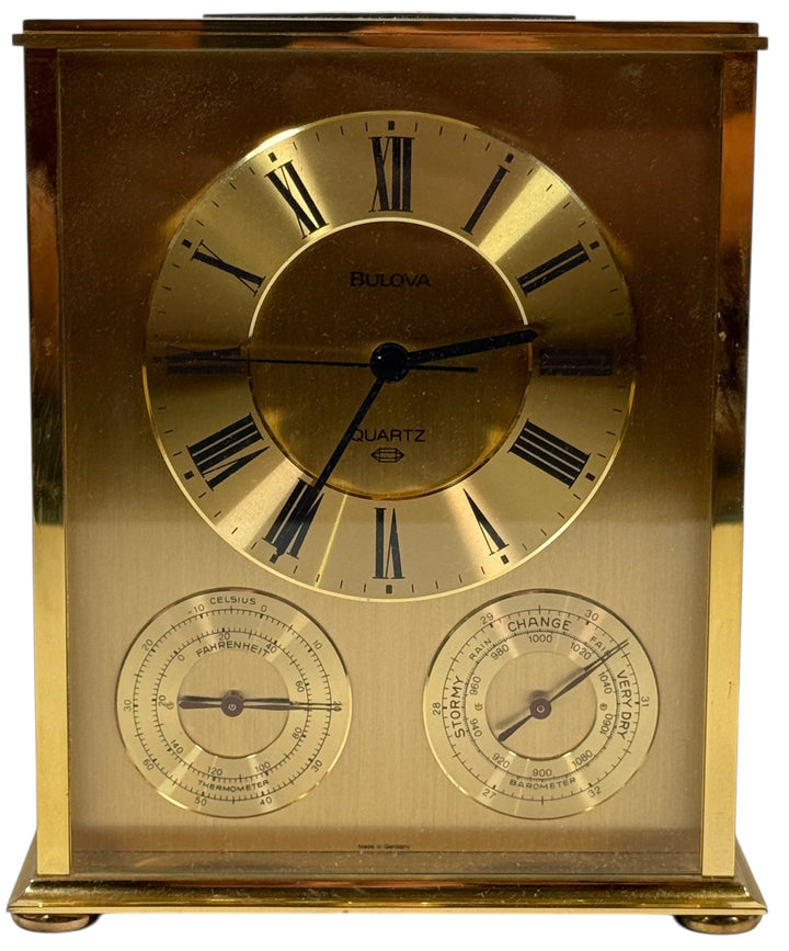  Bulova Brass Quartz Desk Clock with Thermometer & Barometer 