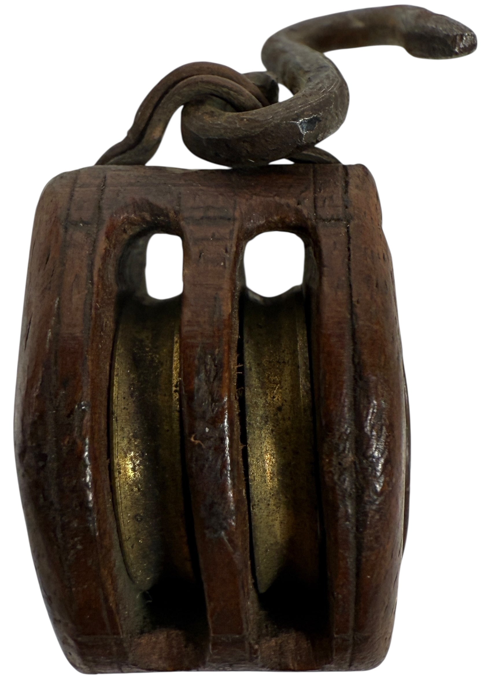  Miniature Wooden Pulley with Brass Wheels & Iron Hook – 1” 