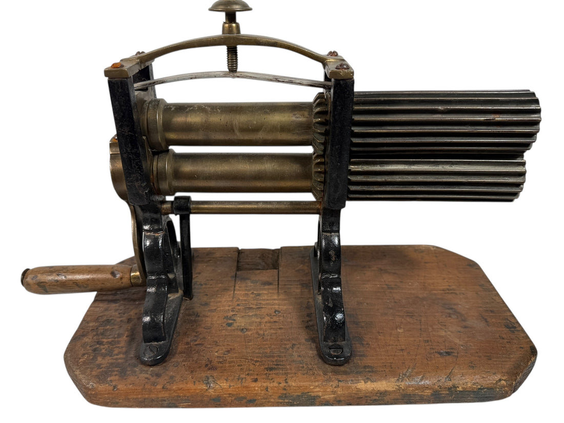 Antique 19th-century brass &amp; iron fluting iron pleater with wood base. Beautiful Victorian textile tool—collector’s décor from Eco Depot Montreal.