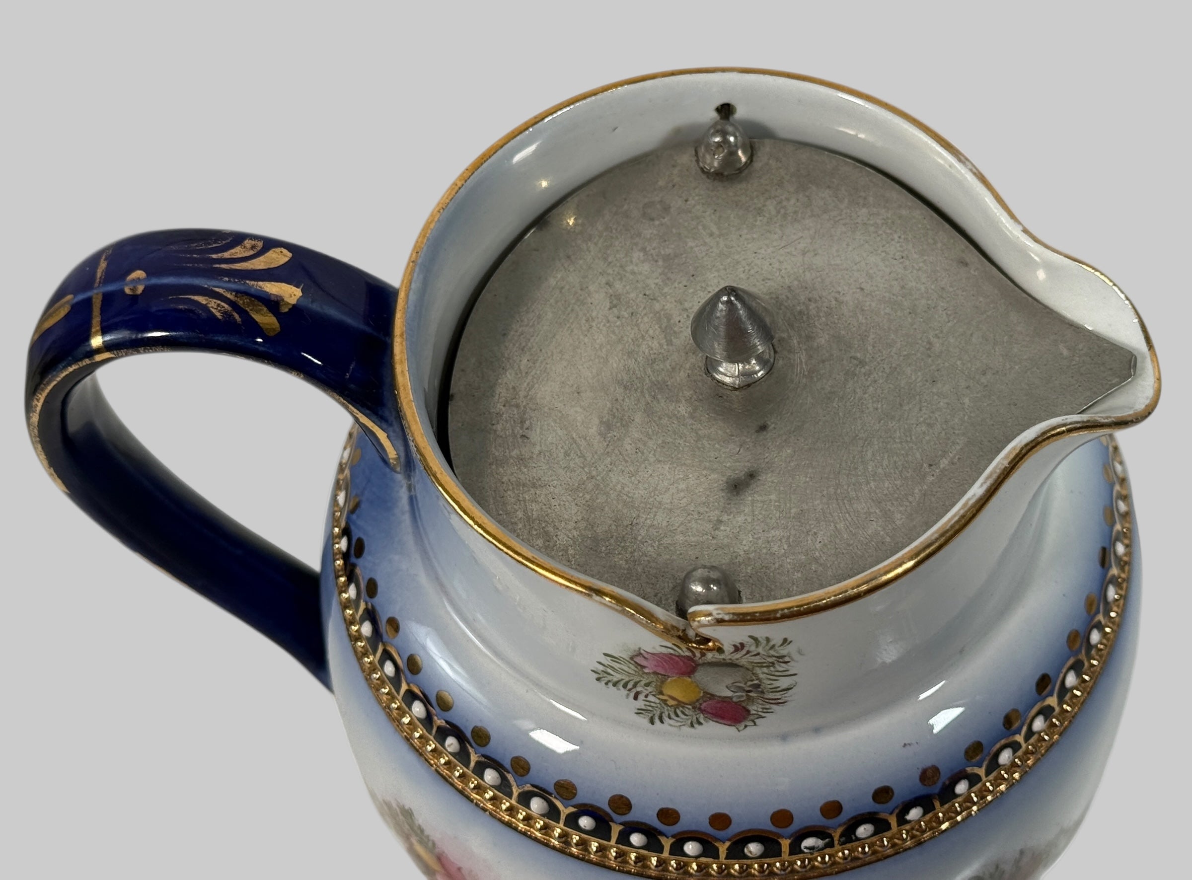 Antique W&amp;R Carlton Ware tea set RN 488460 – hand-painted cobalt floral gilt trio, Stoke-on-Trent England, 1910–1925, genuine silver-lined teapot.