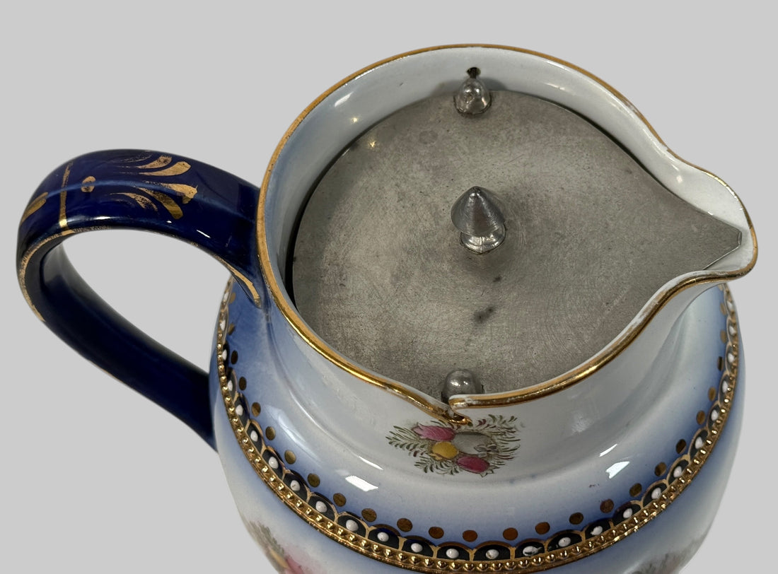 Antique W&amp;R Carlton Ware tea set RN 488460 – hand-painted cobalt floral gilt trio, Stoke-on-Trent England, 1910–1925, genuine silver-lined teapot.