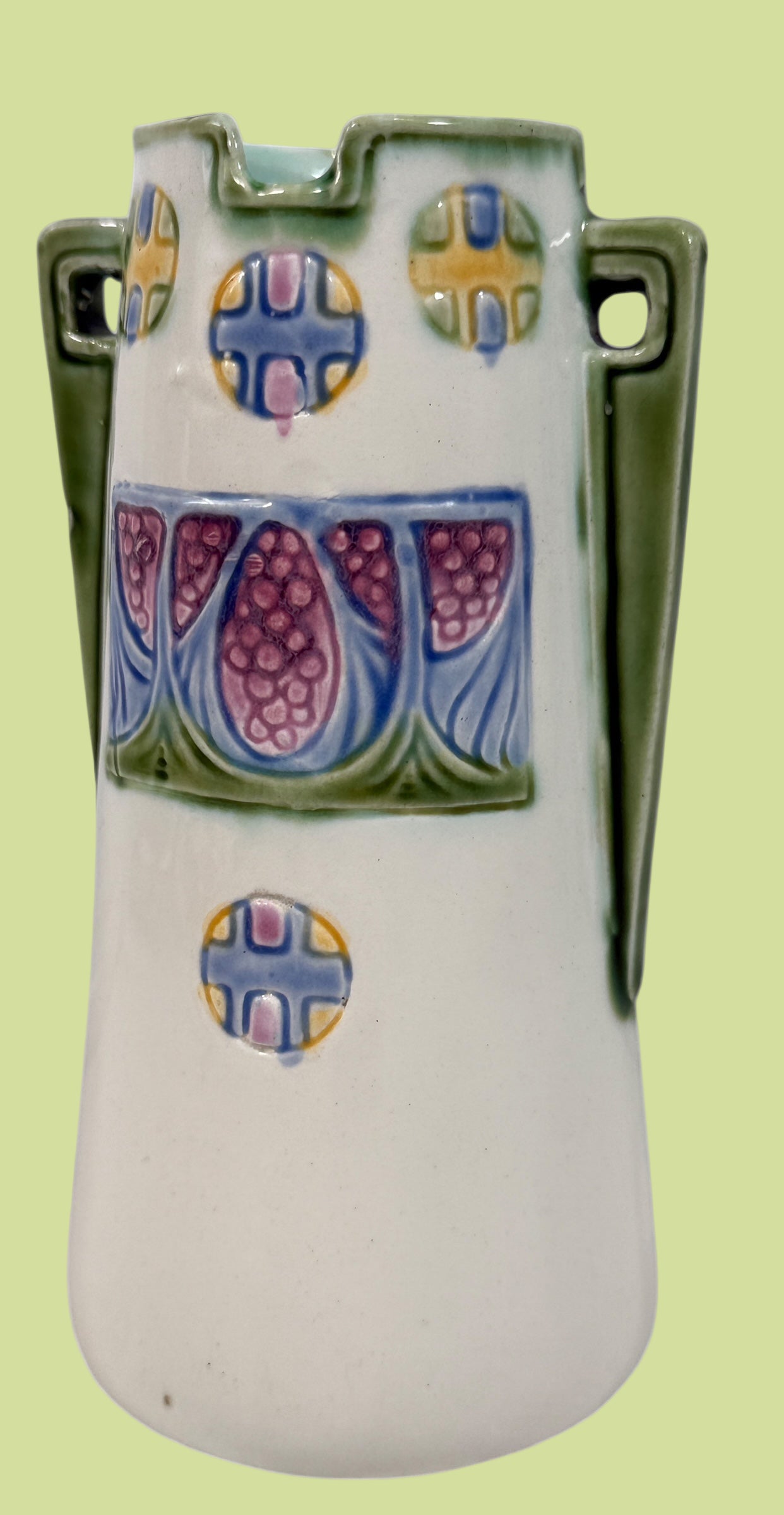 Unmarked Art Nouveau ceramic vase with twin handles &amp; raised berry motif, model 41243, circa 1900s. Elegant European collectible décor.