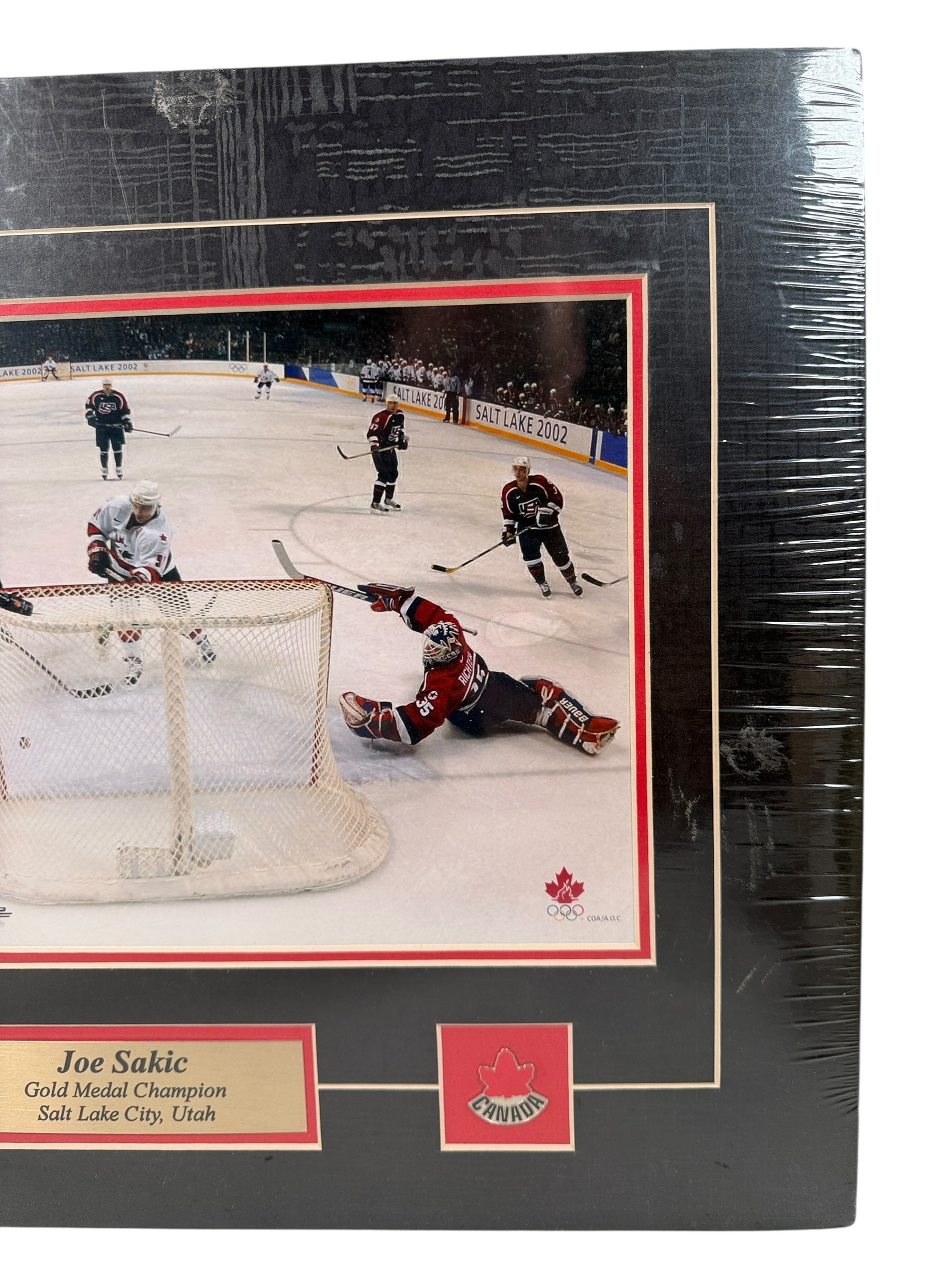 Sealed Joe Sakic Team Canada 2002 Olympic Gold framed PhotoFile print – licensed NHLPA memorabilia, Salt Lake City commemorative edition.