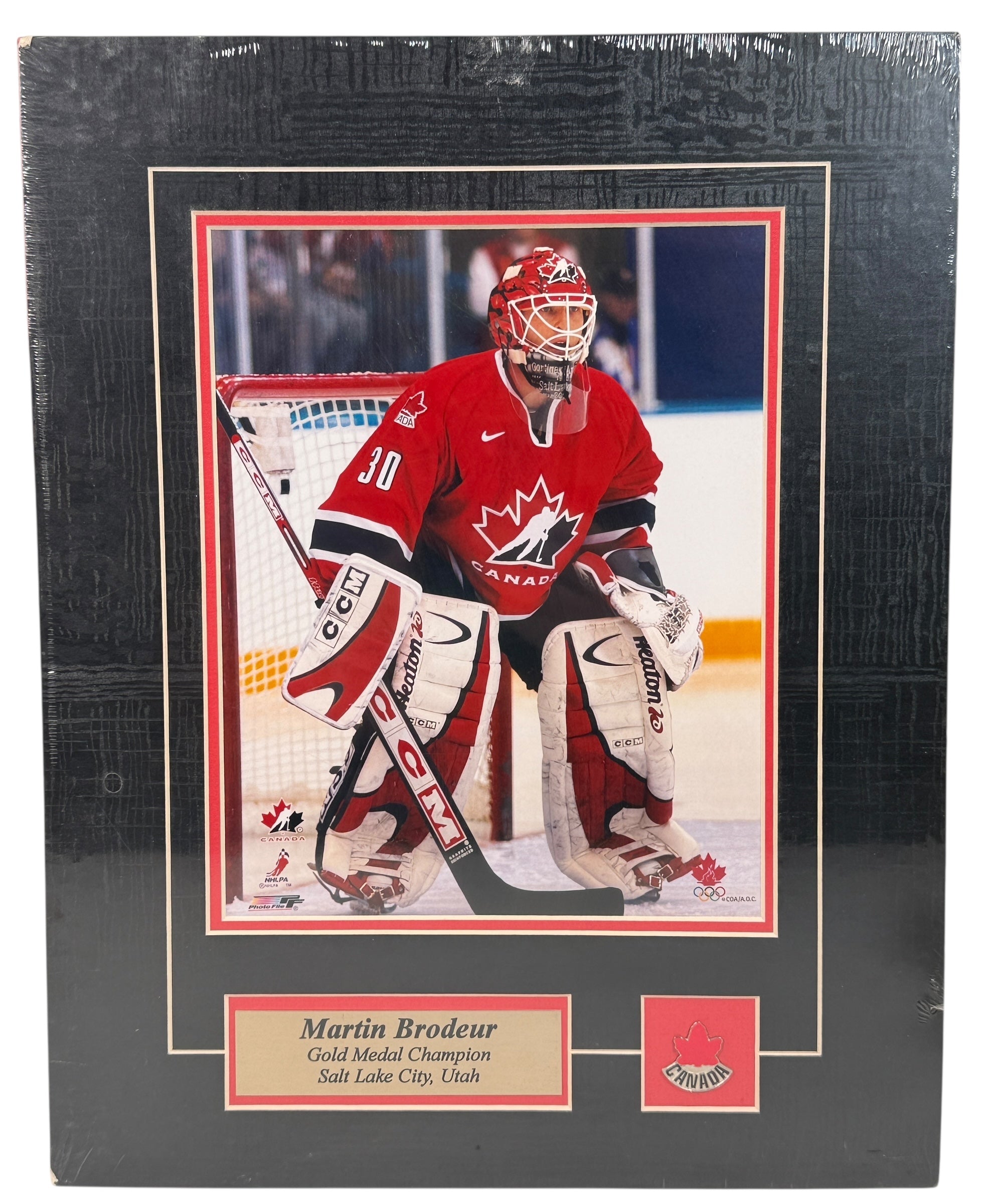 Martin Brodeur 2002 Team Canada Gold Medal Champion Photo File print – licensed Olympic hockey collectible plaque, sealed, excellent condition.