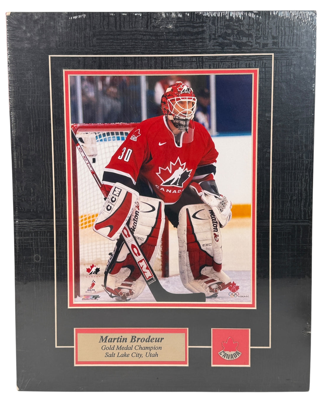 Martin Brodeur 2002 Team Canada Gold Medal Champion Photo File print – licensed Olympic hockey collectible plaque, sealed, excellent condition.