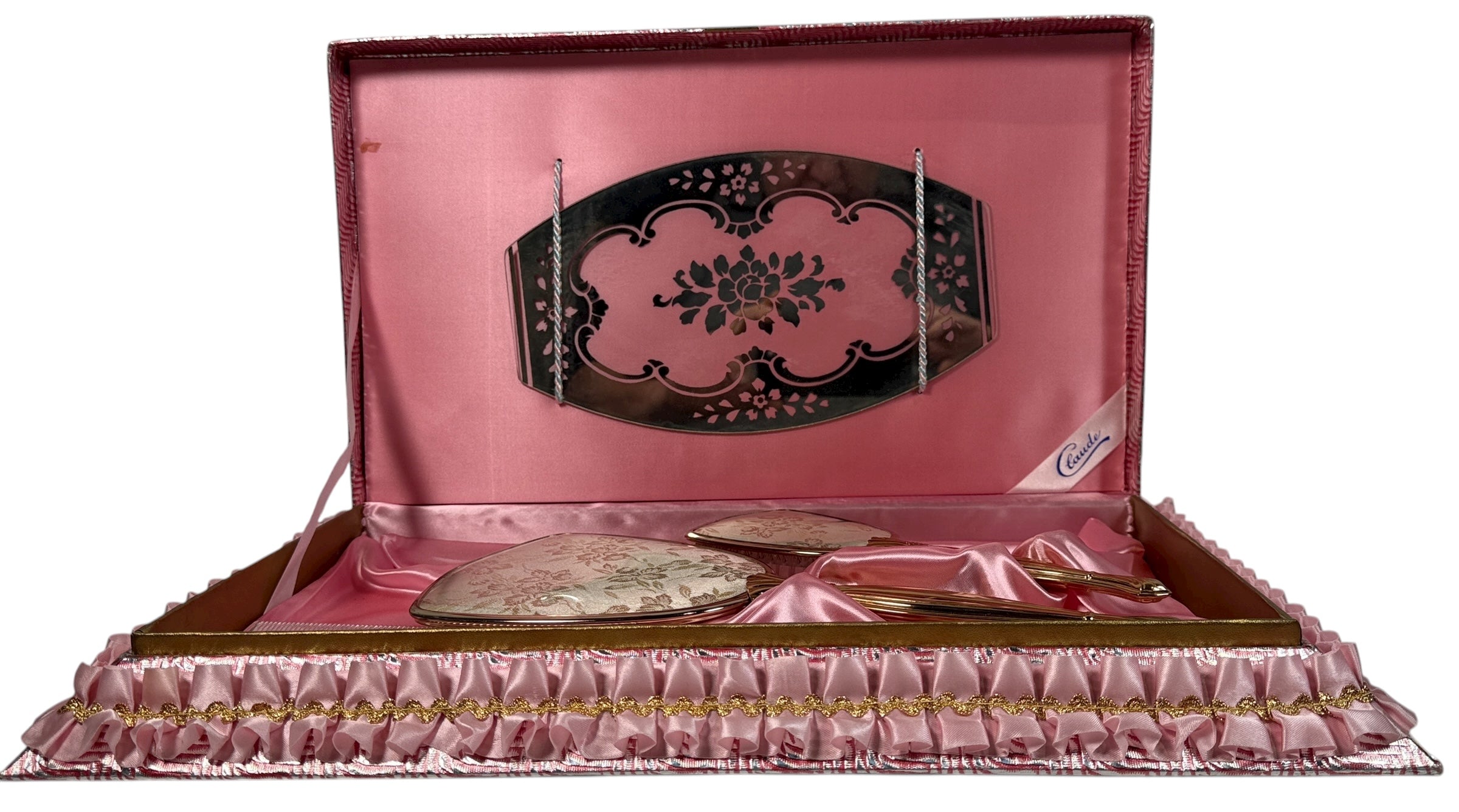 Vintage Claude vanity set with mirror, brush &amp; comb in original pink satin box. Elegant 1950s dressing table décor collectible.