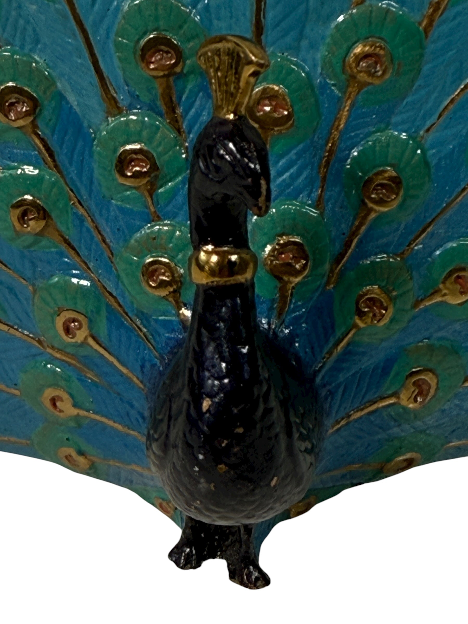 Limited edition hand-painted peacock figurine 173/500 in blue, green &amp; gold enamel. 5″ collectible metal sculpture, made in Japan, excellent condition.