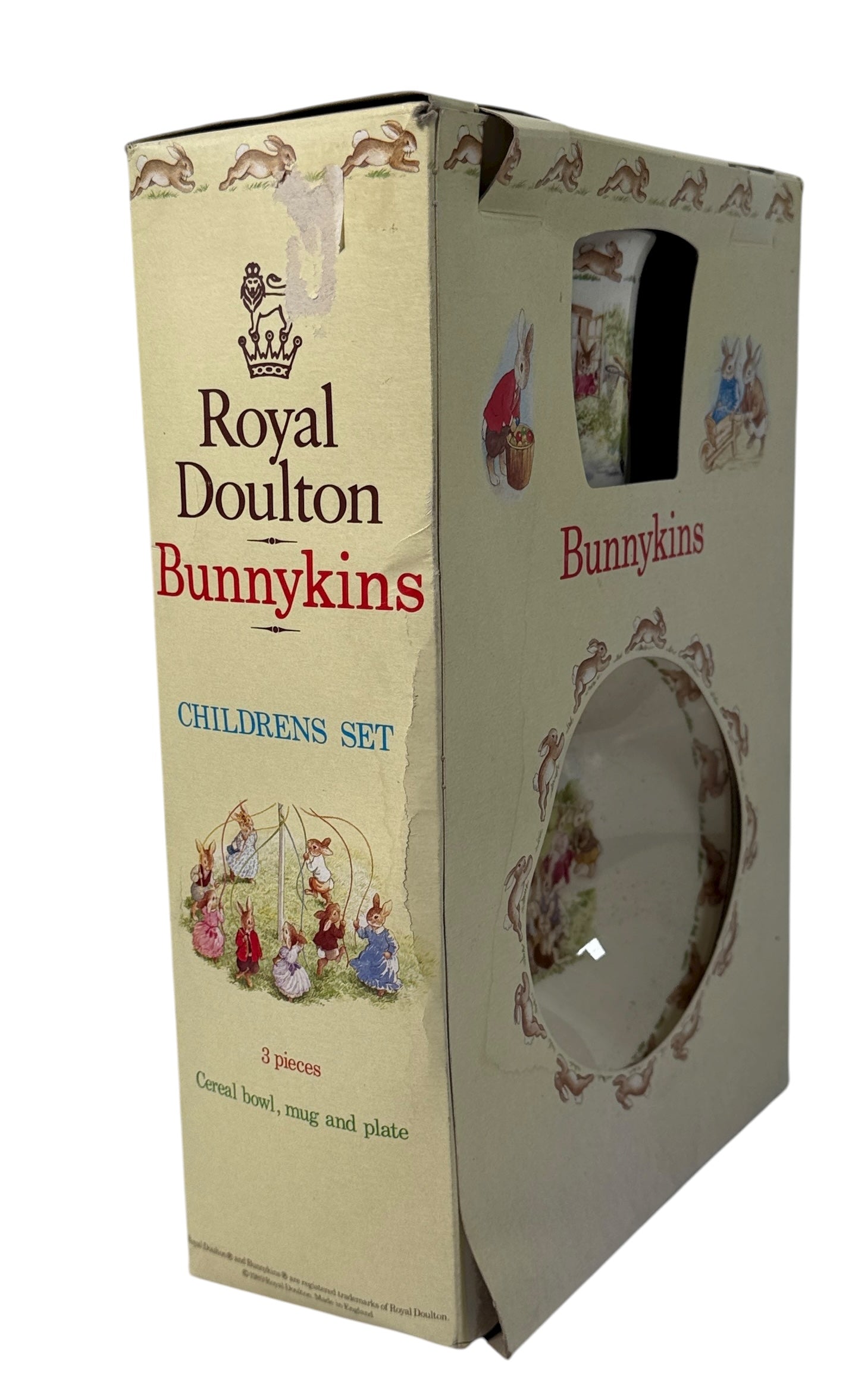 1989 Royal Doulton Bunnykins 3-piece children’s set made in England. Vintage boxed bone china with charming nursery scenes.