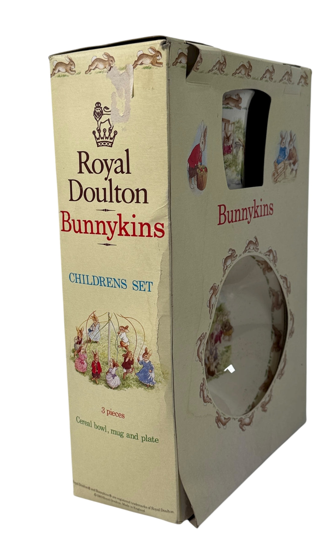1989 Royal Doulton Bunnykins 3-piece children’s set made in England. Vintage boxed bone china with charming nursery scenes.