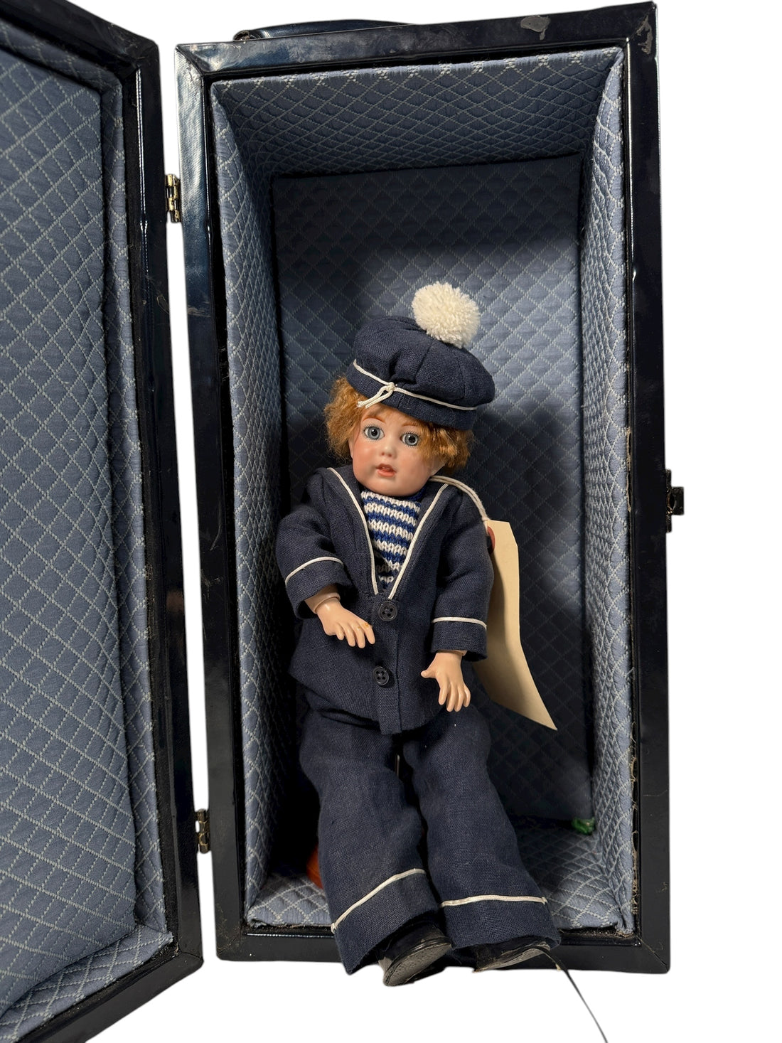 Antique bisque sailor boy doll marked “JLC”, 12″ tall, hand-knit outfit. Early 20th-century European collectible in very good condition – Eco Depot Montreal.
