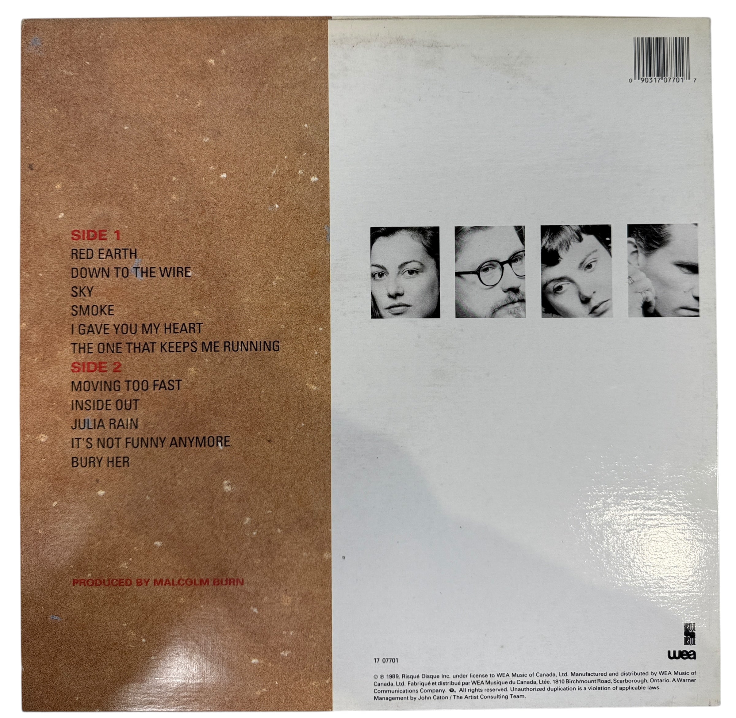 1989 Canadian LP Red Earth by Crash Vegas on Risqué Disque/WEA. VG+ vinyl, lyric sleeve included. Rare folk-rock pressing from late-’80s Canada.