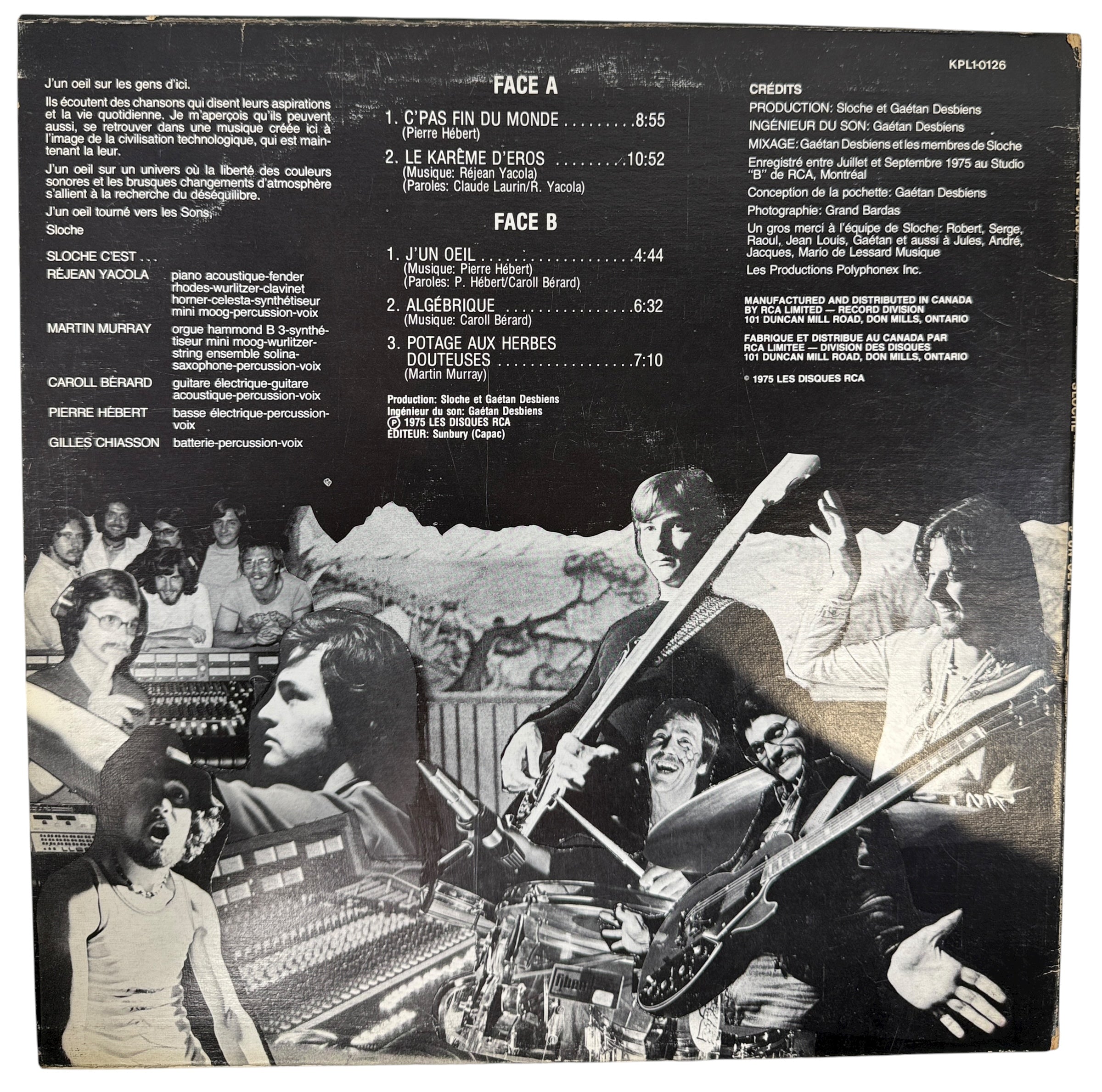 1975 Sloche J’un Oeil RCA Victor LP Canada. VG+/VG Dynaflex pressing. Quebec prog-fusion classic, collectible Canadian first pressing in strong shape.