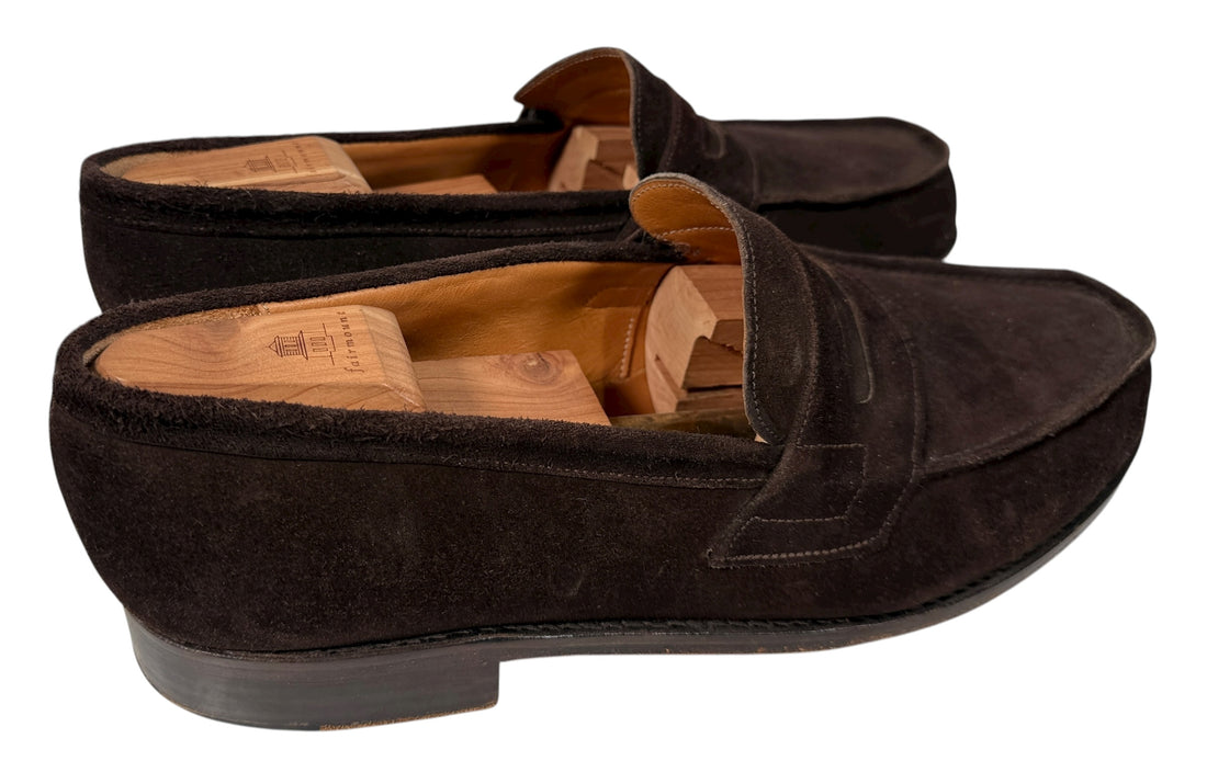 Vintage Joseph Malinge brown suede loafers, handmade in France. Elegant European craftsmanship in excellent condition, available from Eco Depot Montreal.