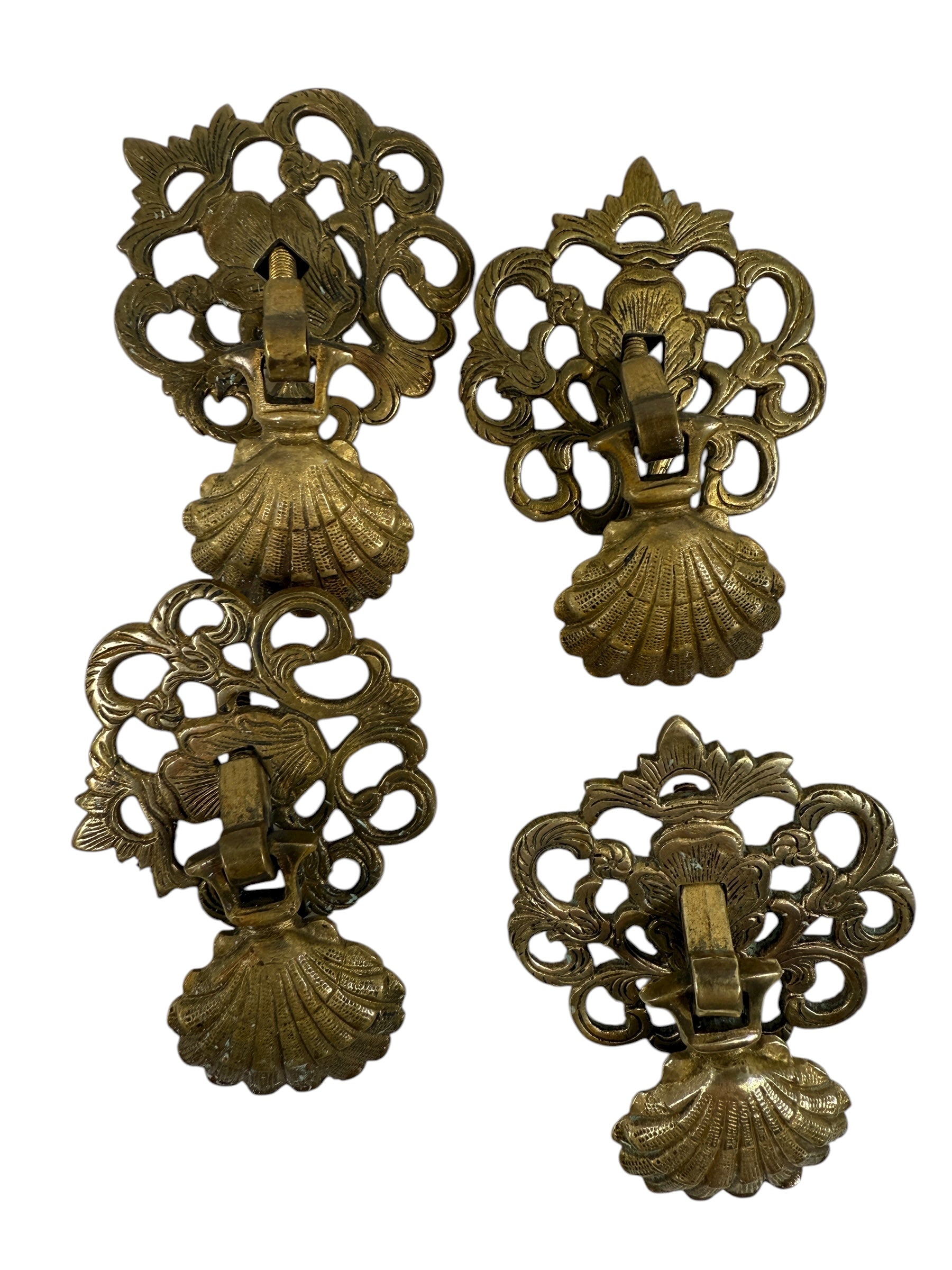 Vintage brass Chippendale drawer pulls set of 14, ornate shell drop handles for dresser or vanity restoration. Solid brass aged patina furniture hardware.