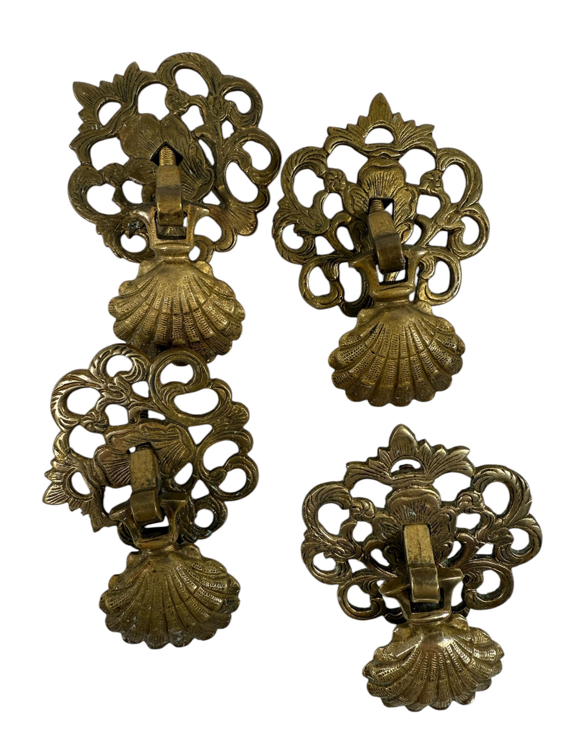 Vintage brass Chippendale drawer pulls set of 14, ornate shell drop handles for dresser or vanity restoration. Solid brass aged patina furniture hardware.